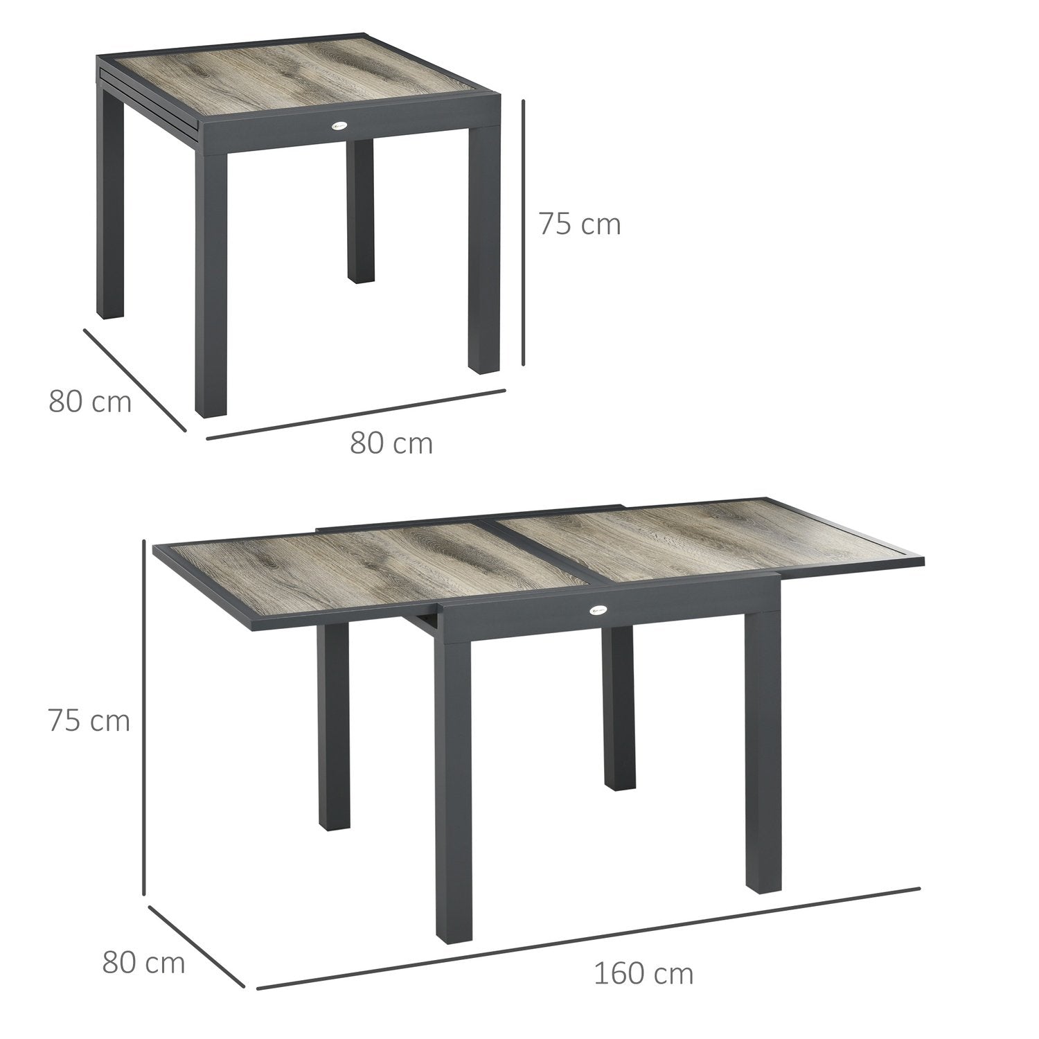 Trädgårdsbord, Matbord För Trädgård Med Utdragbar Bordsskiva, Uteplatsbord Med Trälook, Balkongbord Av Aluminium, Beige + Grå, 160 X 80 X 75Cm