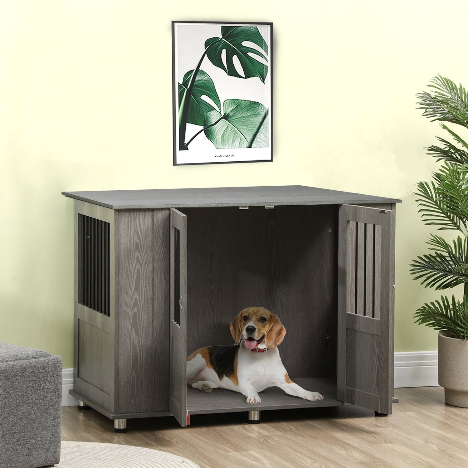 Extra stor inomhus hundkennel med lås – Grå, 116 x 60 x 87 cm
