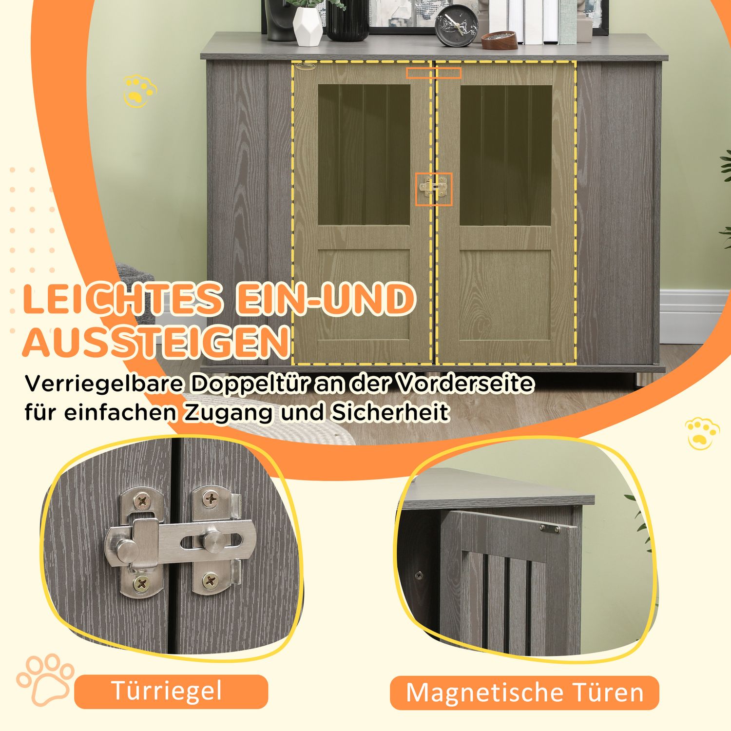 Extra stor inomhus hundkennel med lås – Grå, 116 x 60 x 87 cm