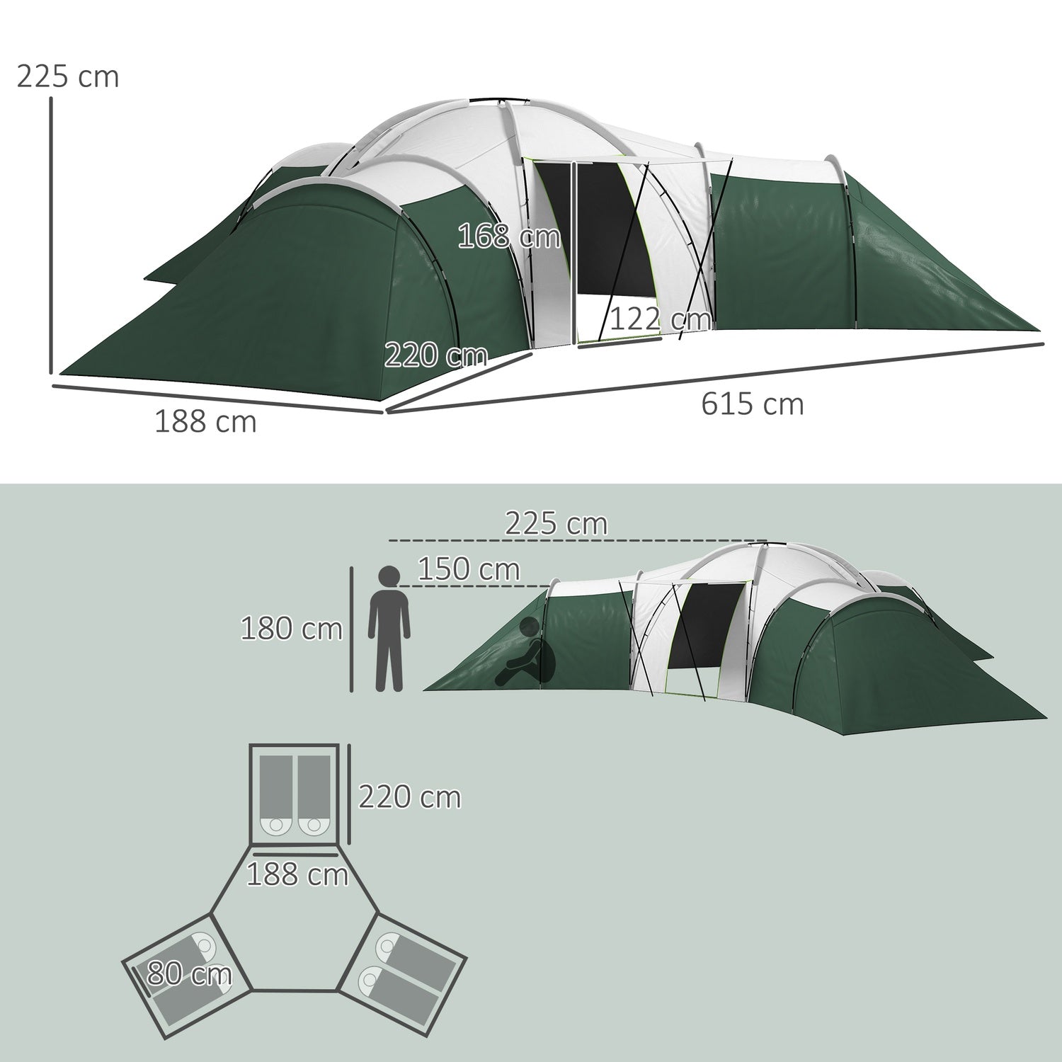 Familjecampingtunneltält, 6-9 personer, 3 sovrum, grönt, 2000 mm vattentätt