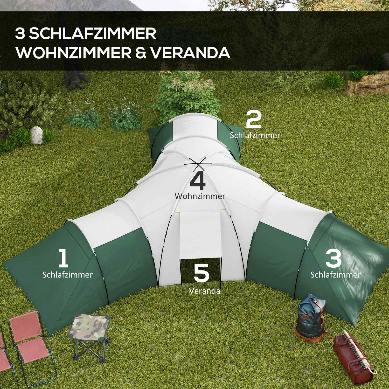Familjecampingtunneltält, 6-9 personer, 3 sovrum, grönt, 2000 mm vattentätt