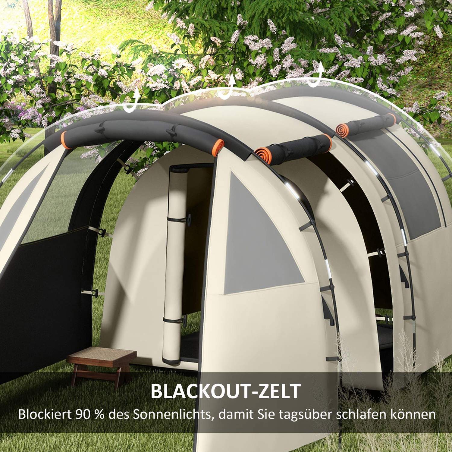 Tunnel Tält Campingtält 5 Personer Familjetält 2 Rum Sidofönster Bärväska 3000Mm Trädgård Khaki