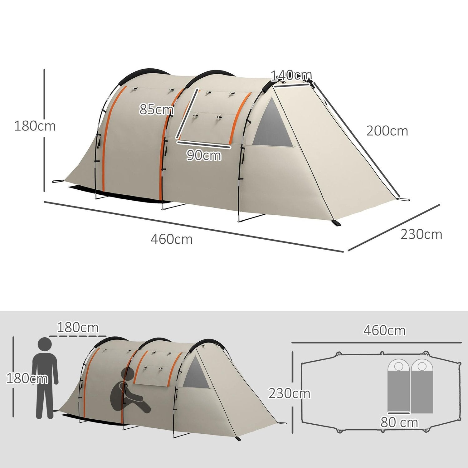 Tunnel Tält Campingtält 5 Personer Familjetält 2 Rum Sidofönster Bärväska 3000Mm Trädgård Khaki