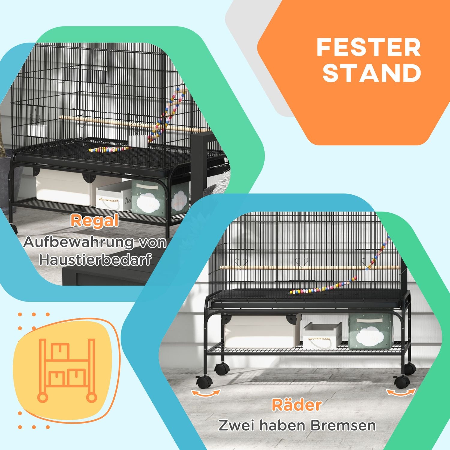 Fågelbur voljär med sittpinnar, hjul och avtagbar bricka