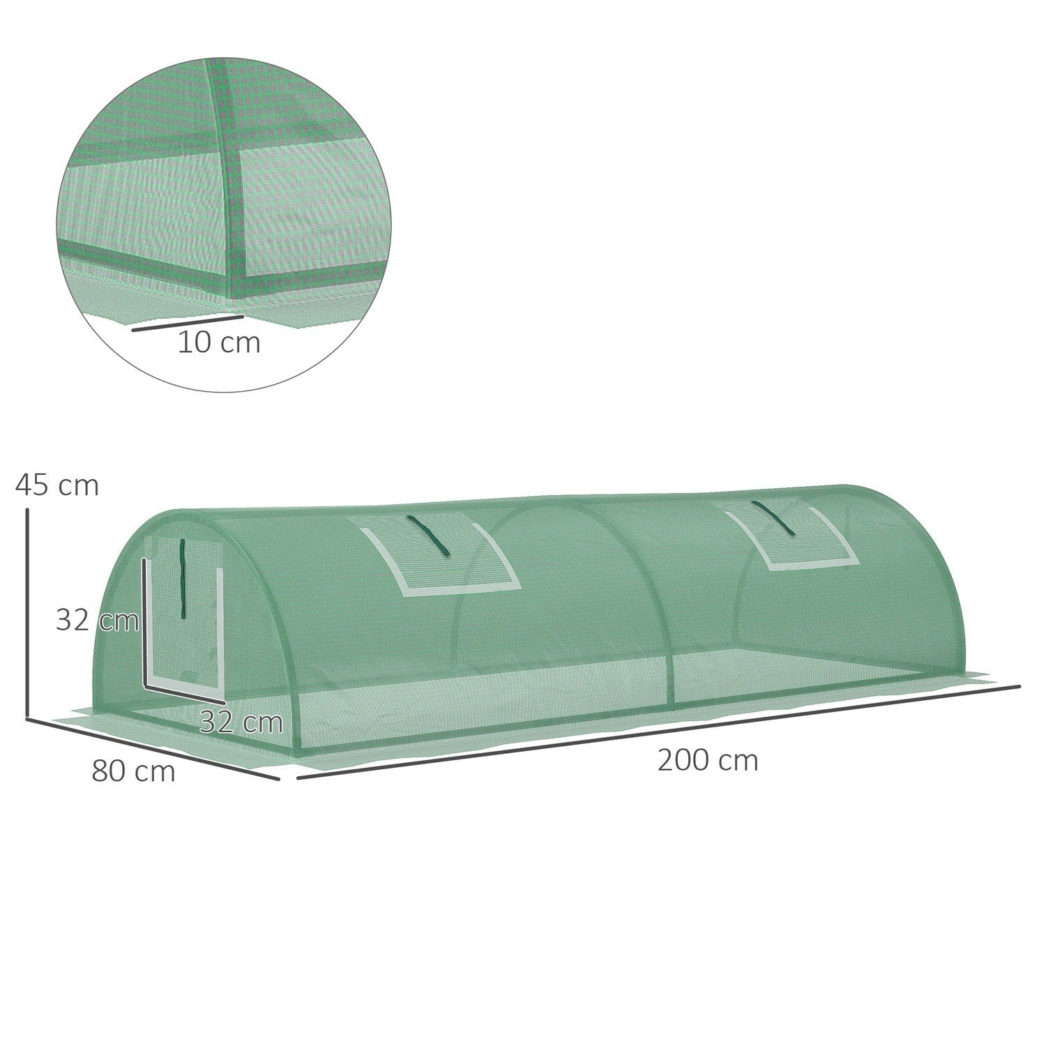 Film Greenhouse Mini Tunnel Växthus Med Mesh-Fönster, Uv-Beständig, Pe-Film, Grön, 200X80X45Cm