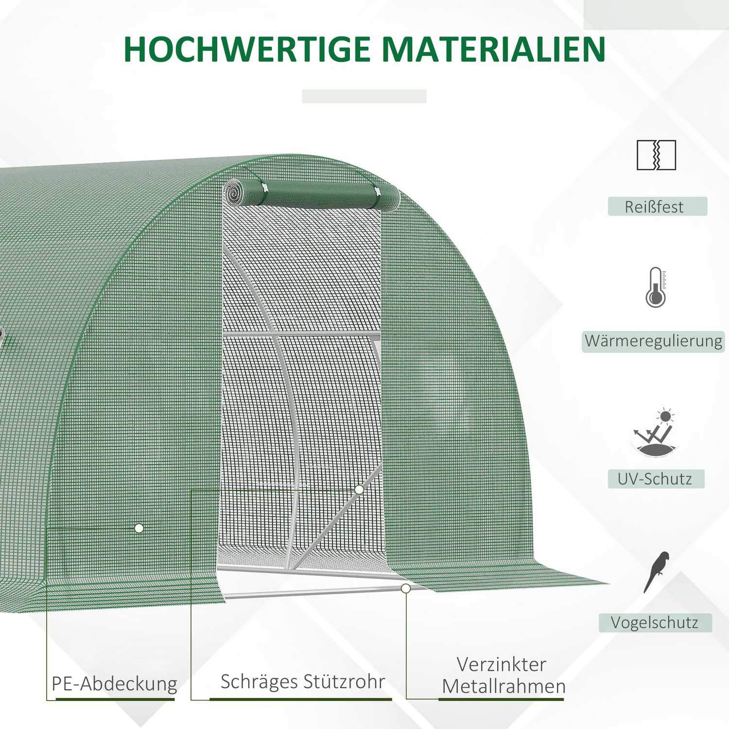 Film Växthus Polytunnel 4,5X3M Walk-In, 6 Fönster, Frostskydd, Stålrör, Mörkgrön