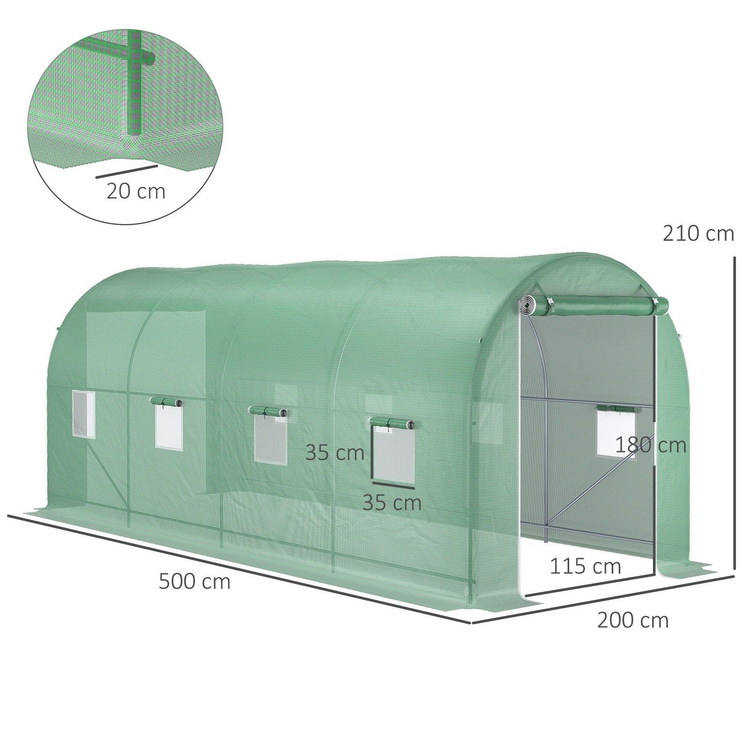 Film Greenhouse Tomatväxthus Med Fönster, Polytunnel, Grön, 500X200X210Cm