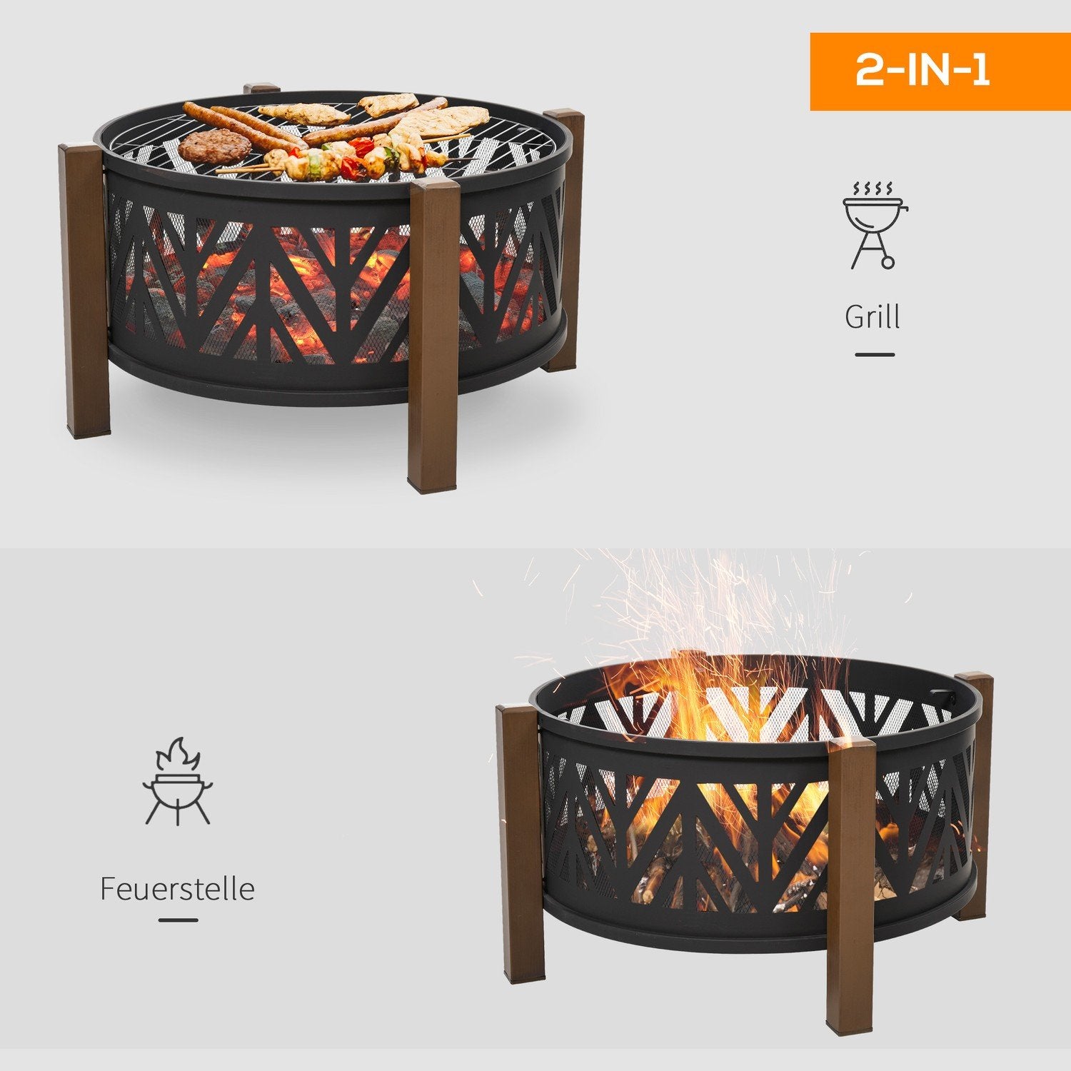 Fire Bowl 2-I-1 Eldkorg Med Gnistskydd & Grillgaller, Trädgårdsgrill, Svart+Brun, Ф78X60H Cm