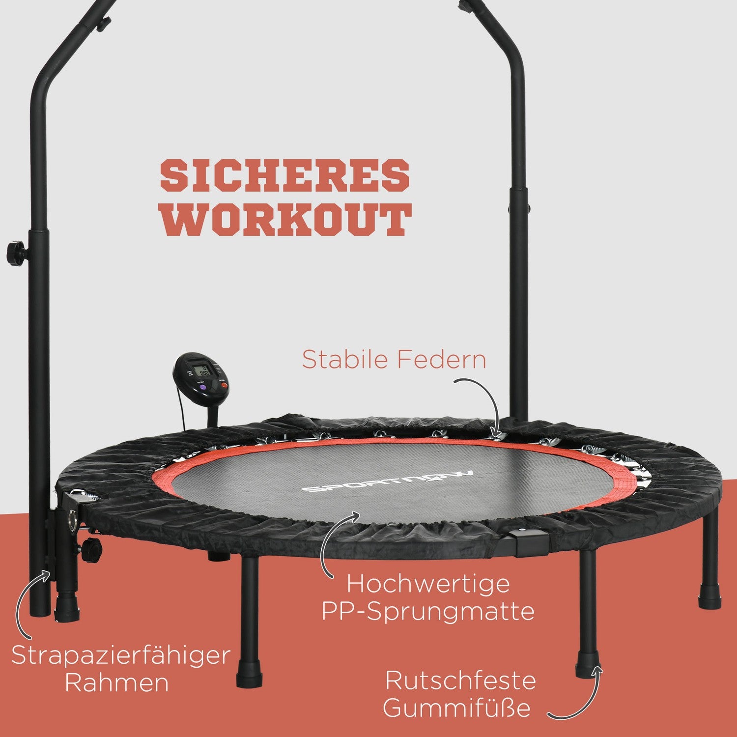 Fitness Mini studsmatta, 102 cm, justerbart handtag, 100 kg kapacitet