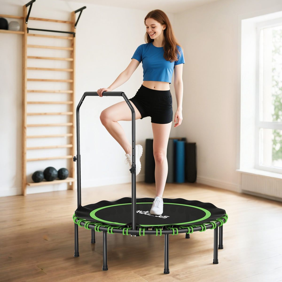 Fitness-trampoline met verstelbare handgreep, voor binnen en buiten, groen
