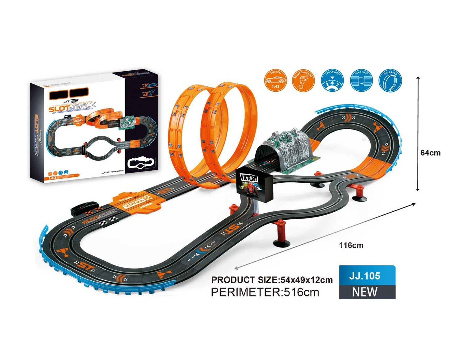 Fjärrstyrd 1:43 racerbana med loopar och svängar