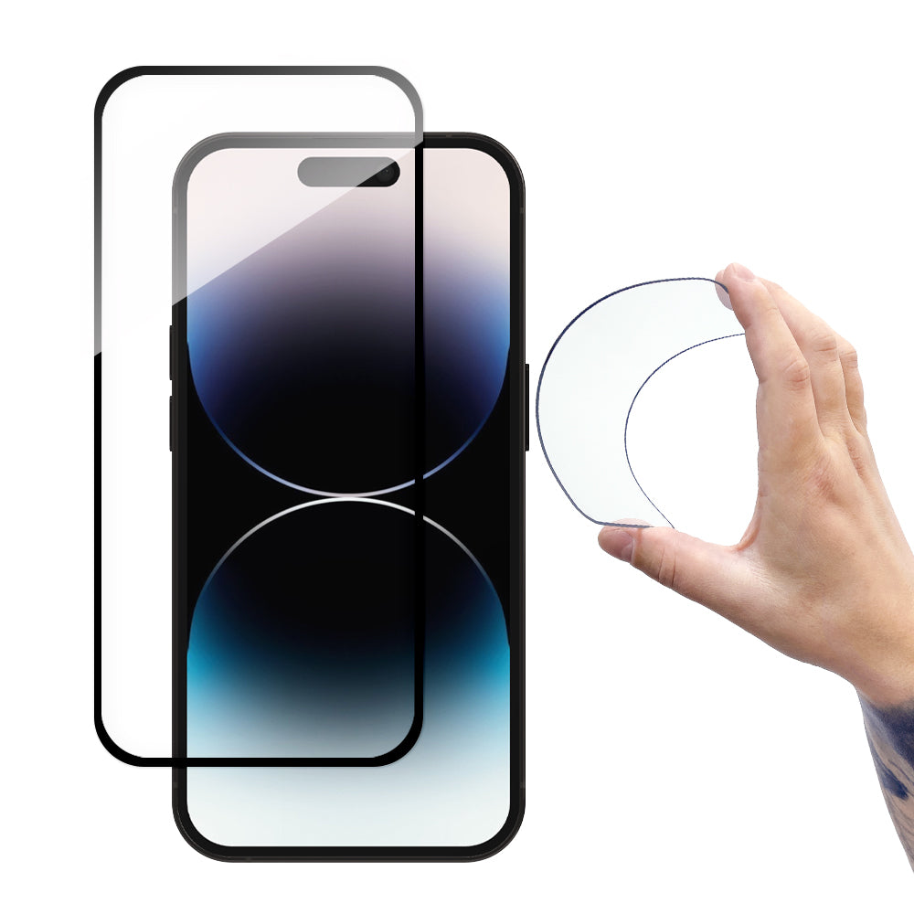 Flexibelt härdat glas för iPhone 14 Pro Max-skärmen med en svart ram Flexi Nano Glass