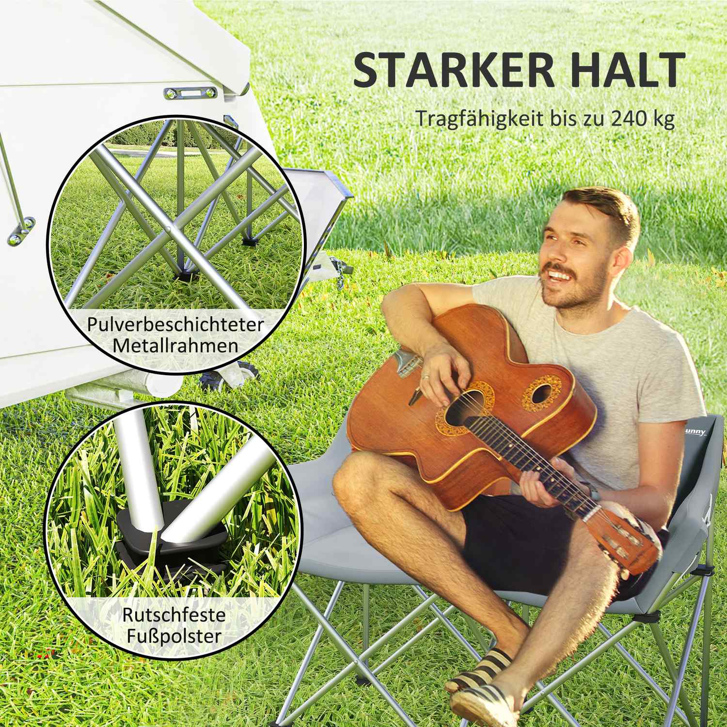 Fällbar 2-sits campingstol med armstöd, kapacitet 240 kg