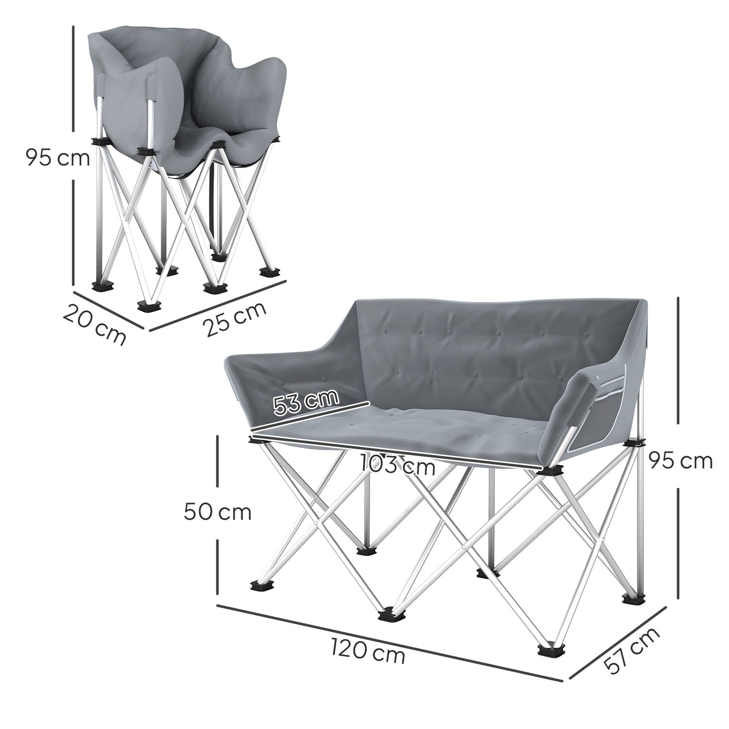 Fällbar 2-sits campingstol med armstöd, kapacitet 240 kg