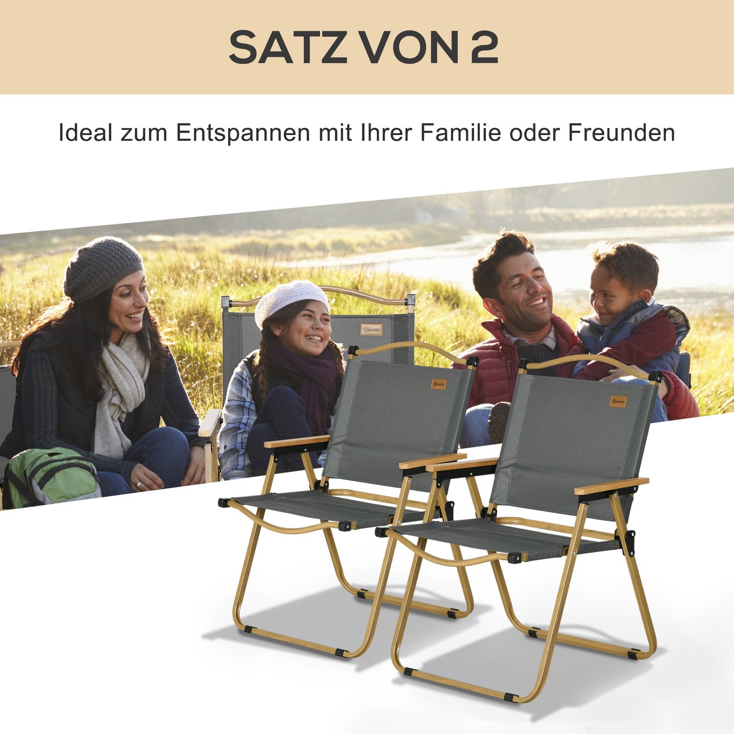 Fällbara campingstolar Set om 2 – Stålram, mörkgrå