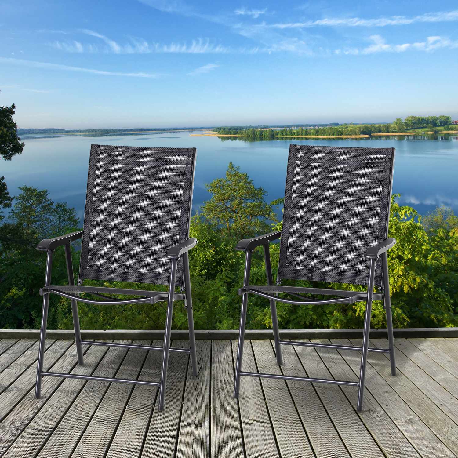 Fällbara campingstolar Set om 2 med armstöd, svart metall