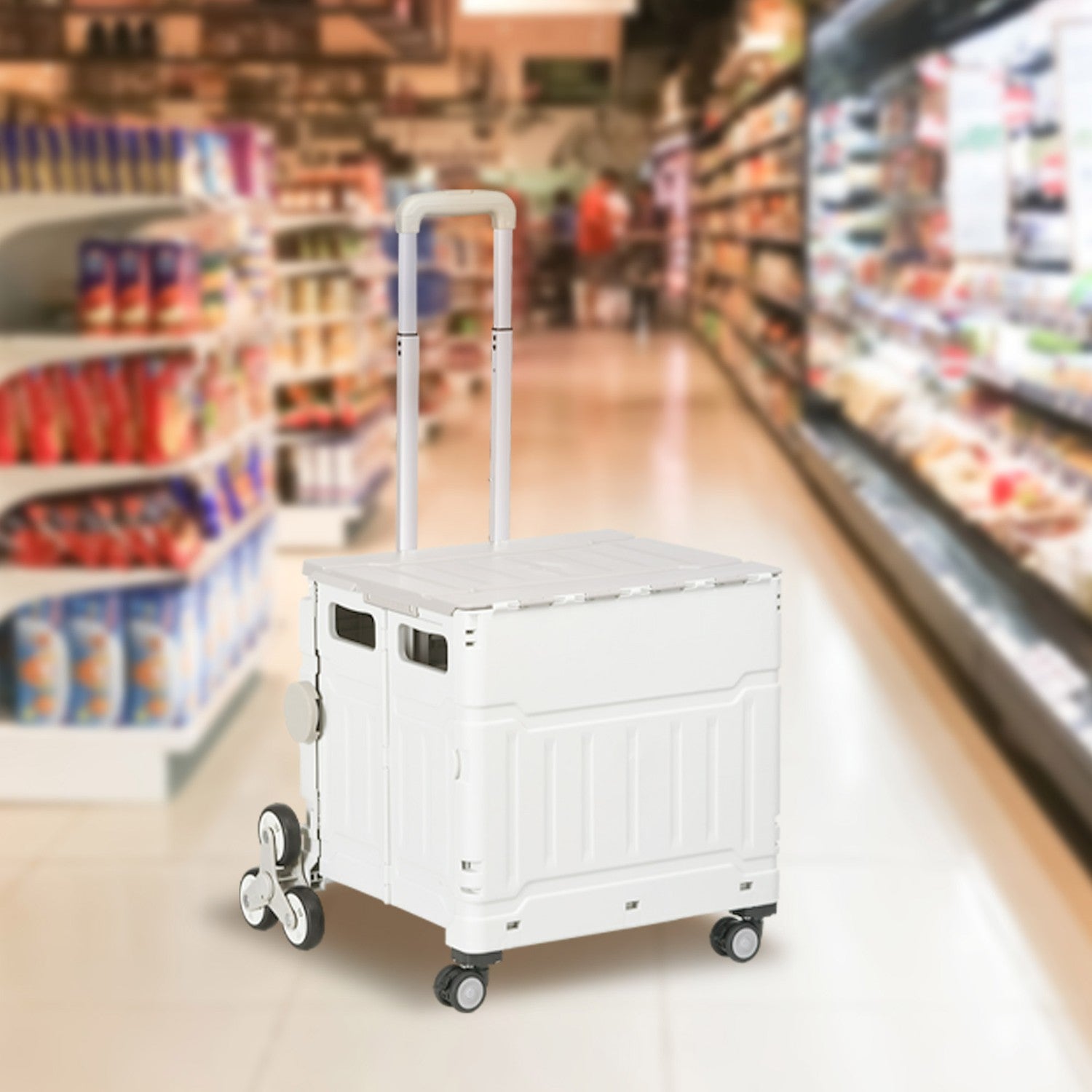 Fällbar shoppingvagn, teleskophandtag, trappklättring, 80 kg kapacitet, vit