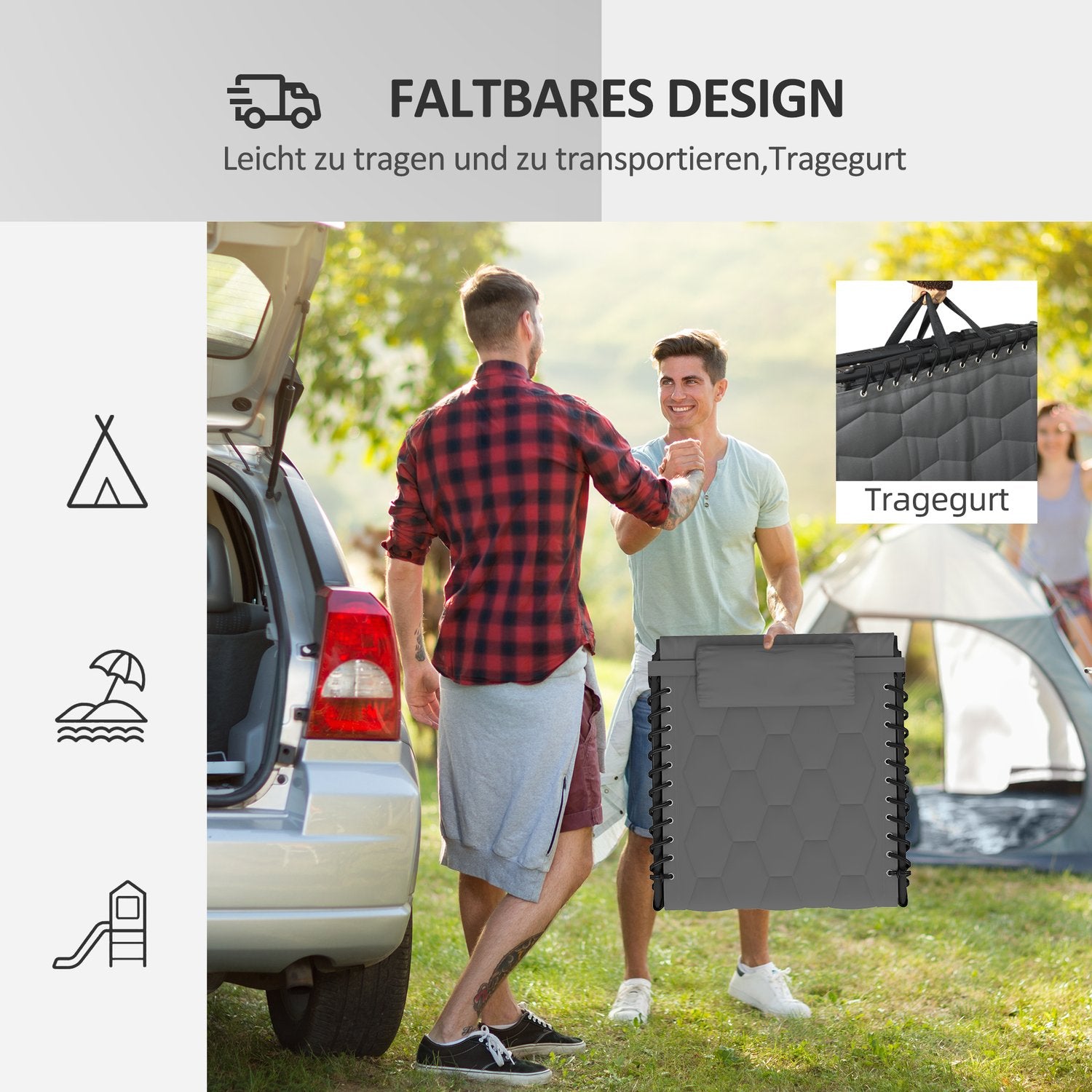 Fällbar solstol, justerbart ryggstöd, kudde, grå