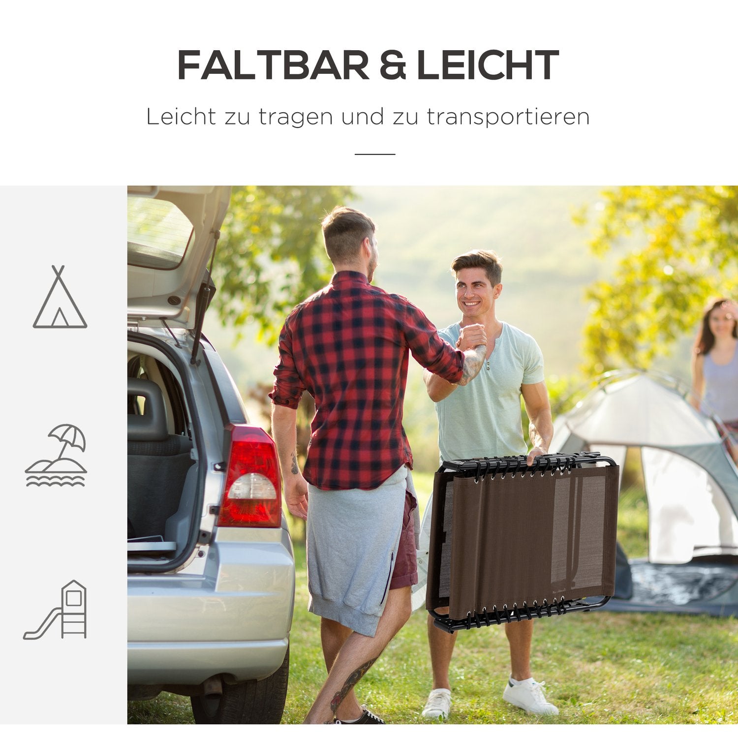 Fällbar solstol med kudde & ficka - väderbeständig, brun