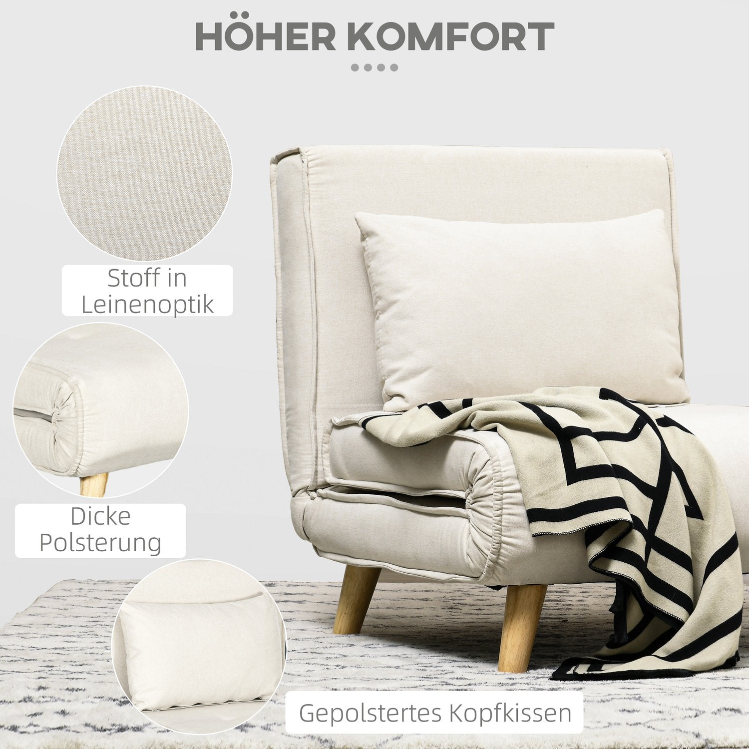 Fällbar sovstol – justerbar, linne, krämvit