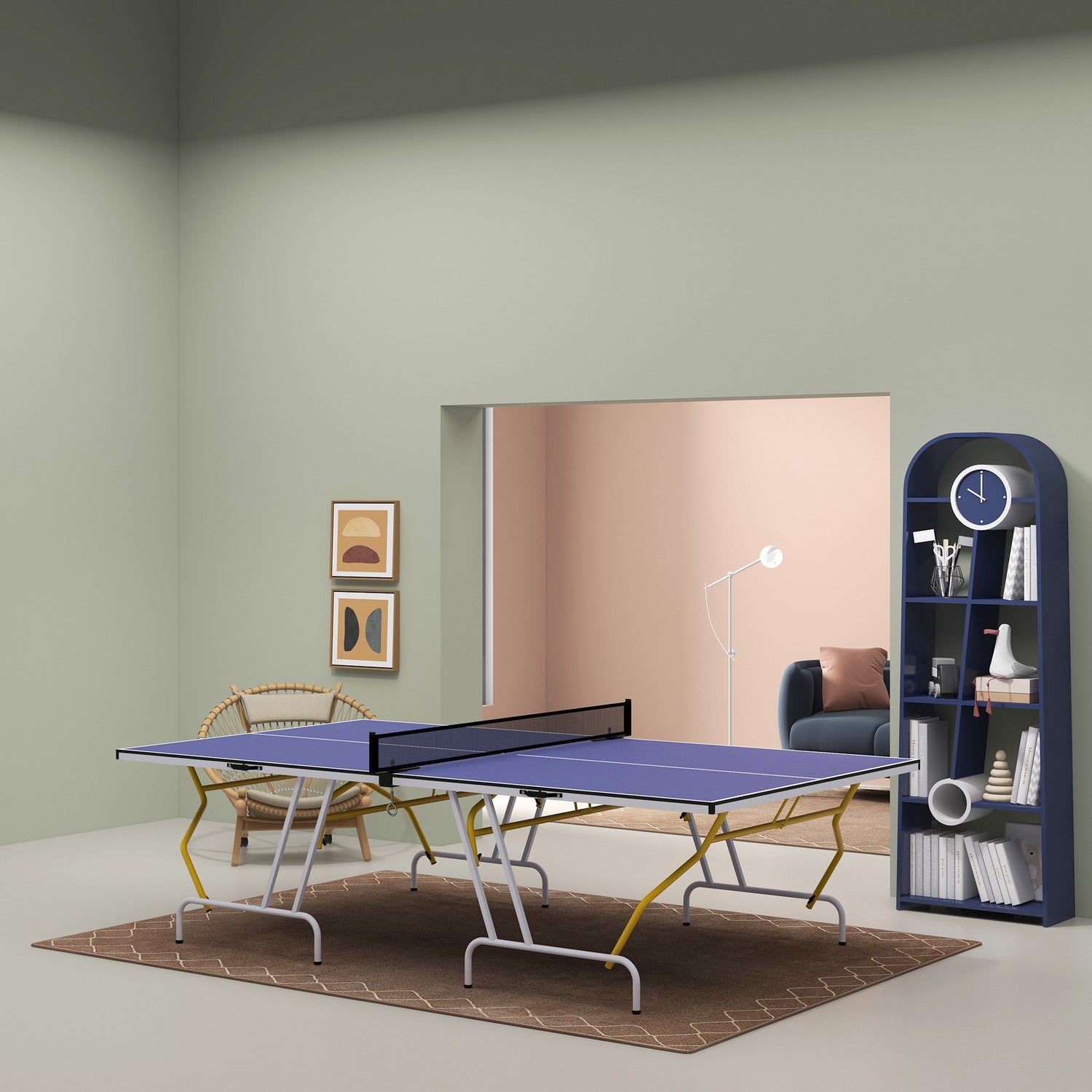Fällbart bordtennisbord med nät, fladdermöss & bollar - Blå