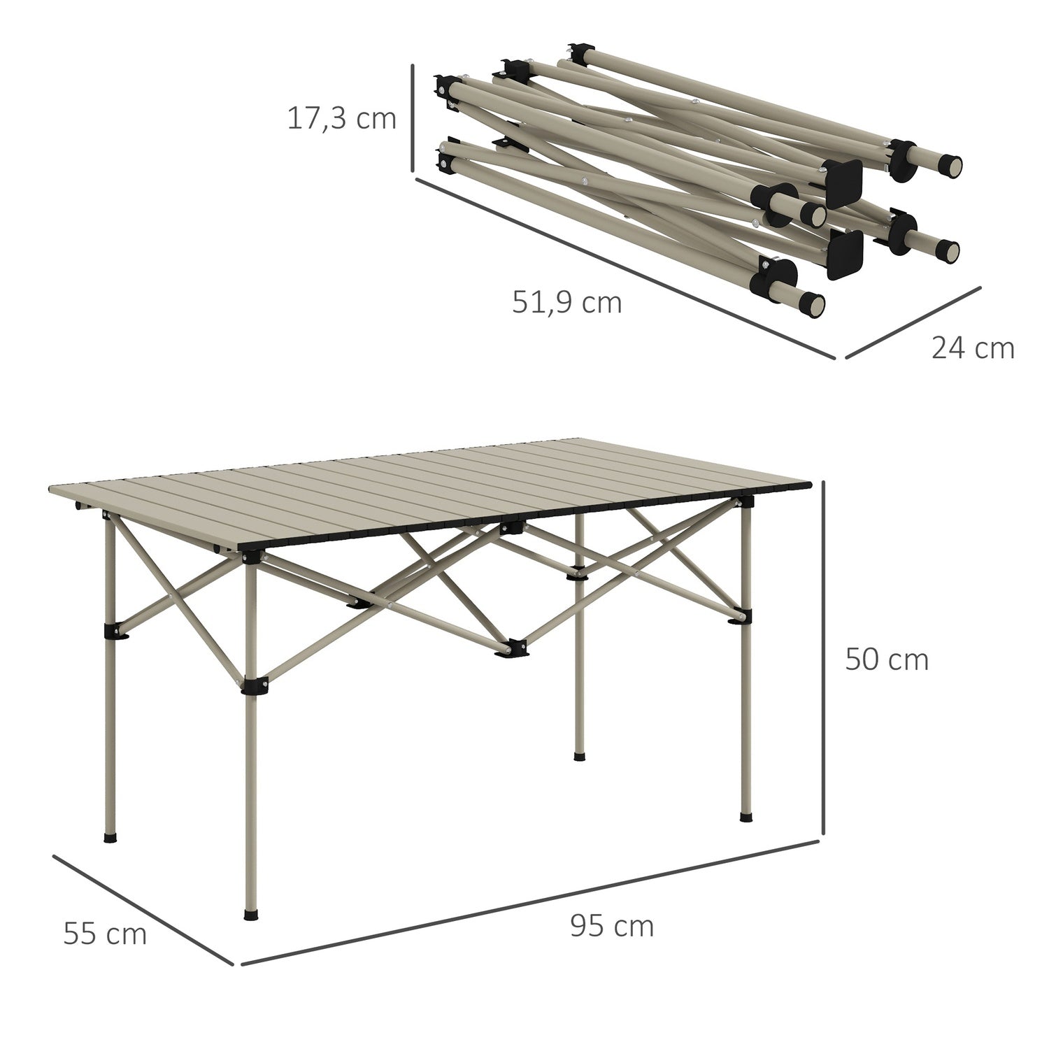 Fällbart campingbord i aluminium – lätt, 95 x 55 cm, kaki