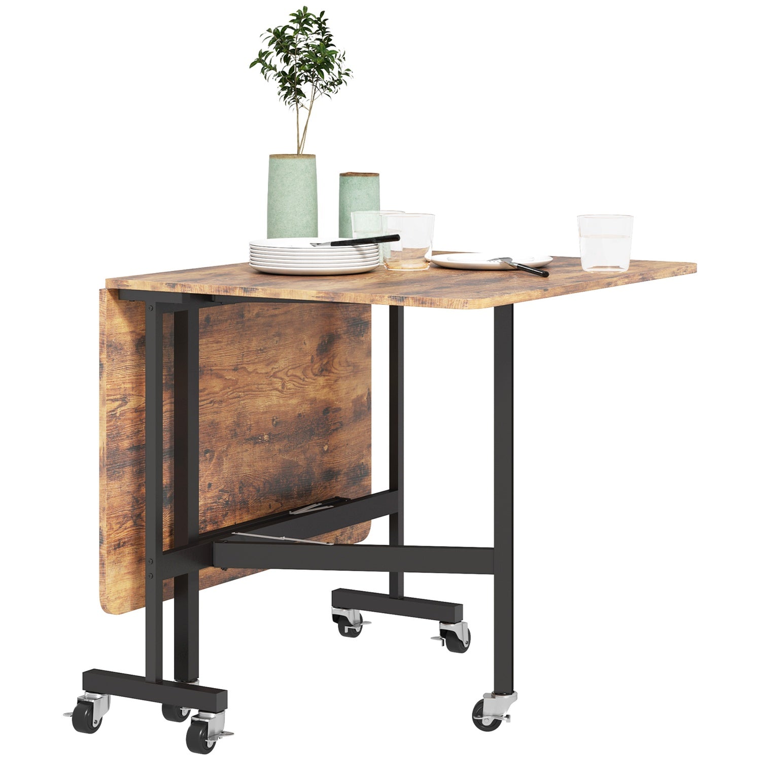 Fällbart matbord med hjul, Rustikbrun, 120x80 cm