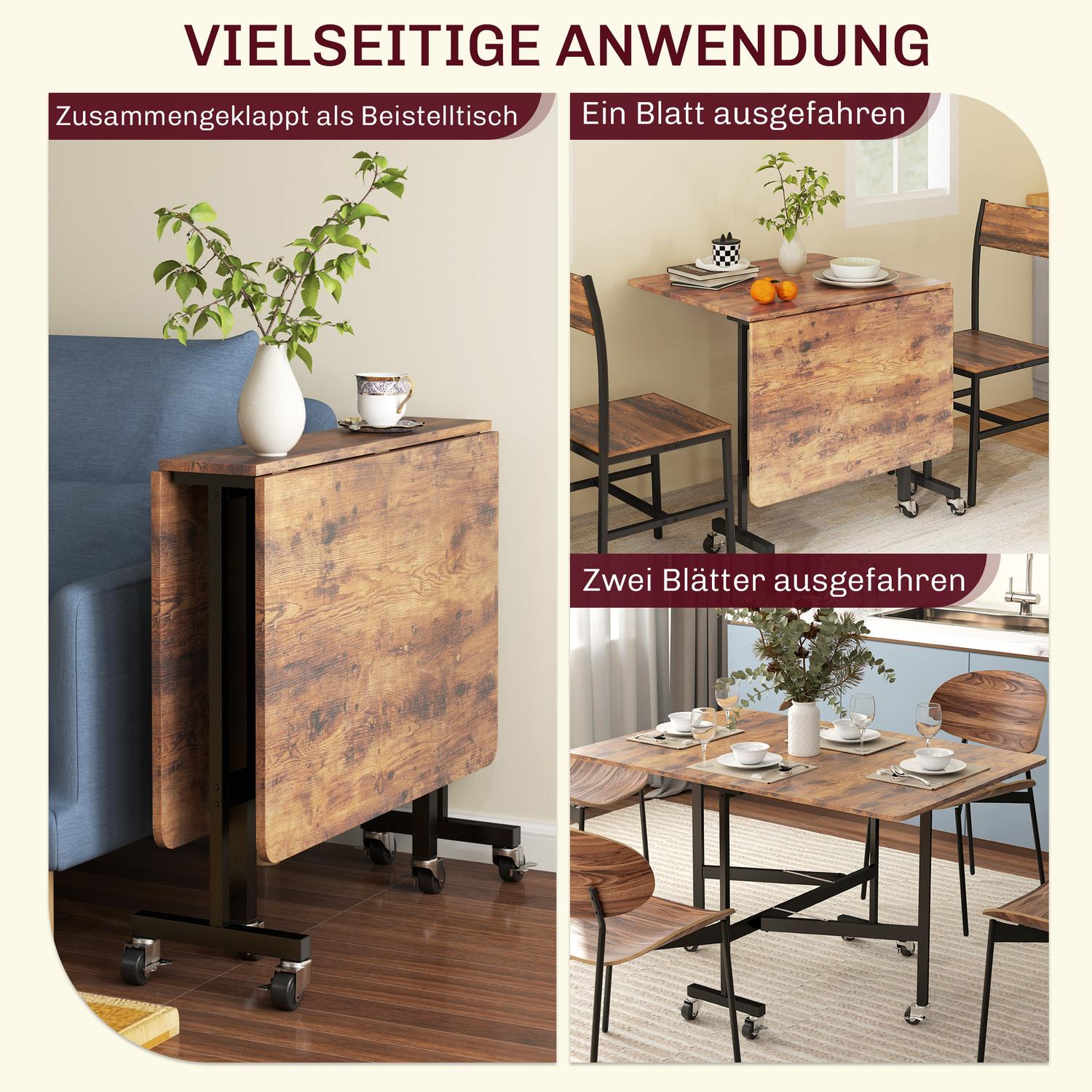 Fällbart matbord med hjul, Rustikbrun, 120x80 cm