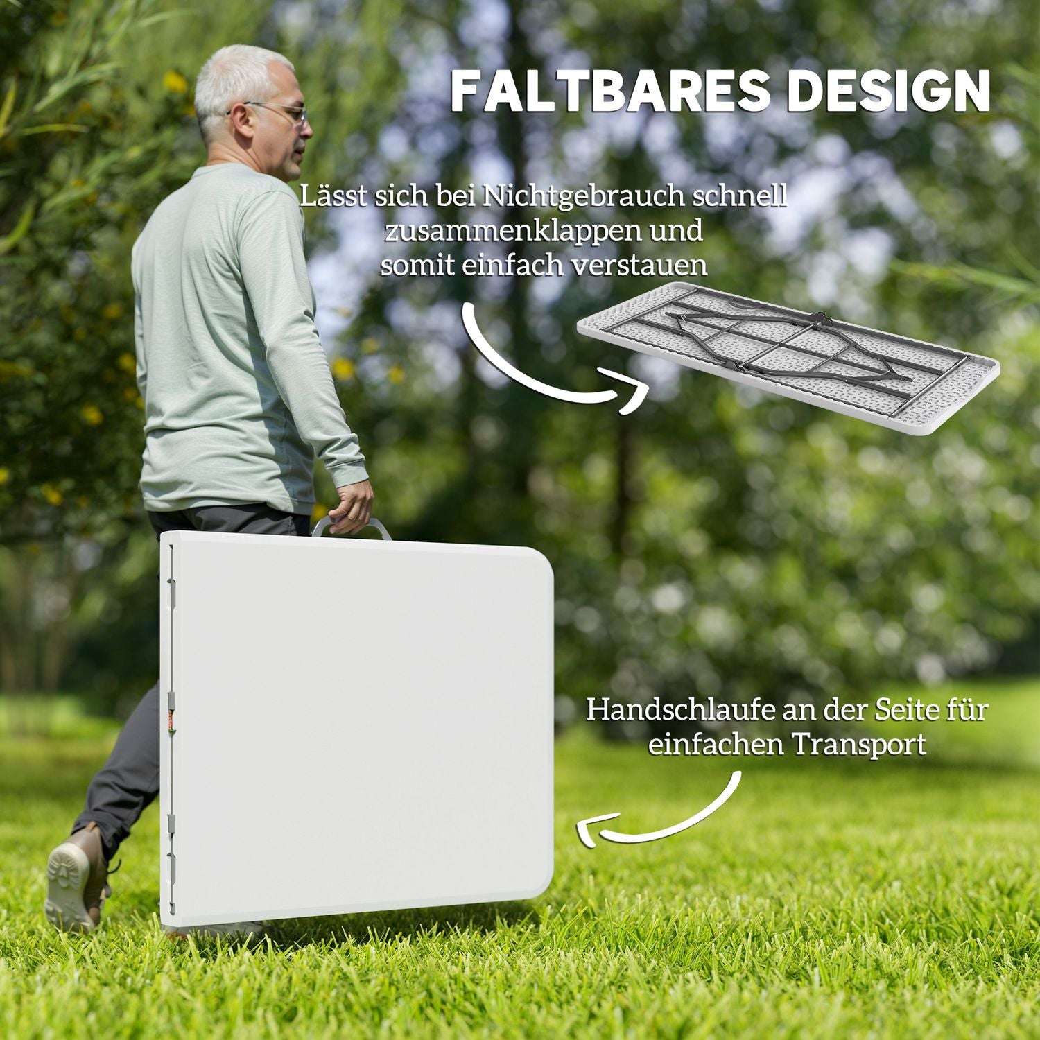 Väderbeständigt hopfällbart trädgårdsbord 180x74 cm med handtag