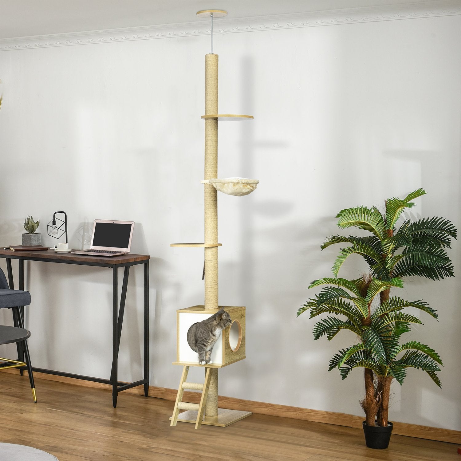 Skrapstolpe Tak Högt 240-260 Cm, Med Katthus & Hängmatta, Ljusbrun + Beige