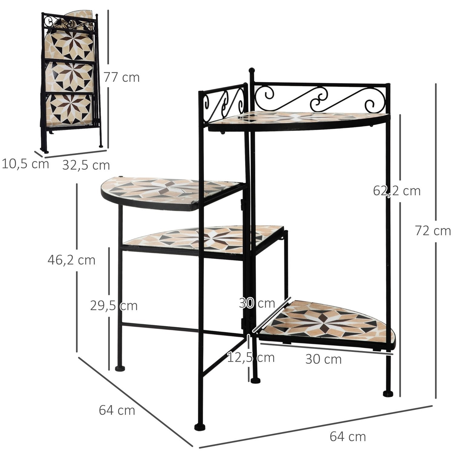 Flower Stand 4-Stegs Hopfällbar Blomstertrappa För Trädgård Och Balkong, Metall Med Keramiska Plattor, Svart+Beige, 64X64X72Cm