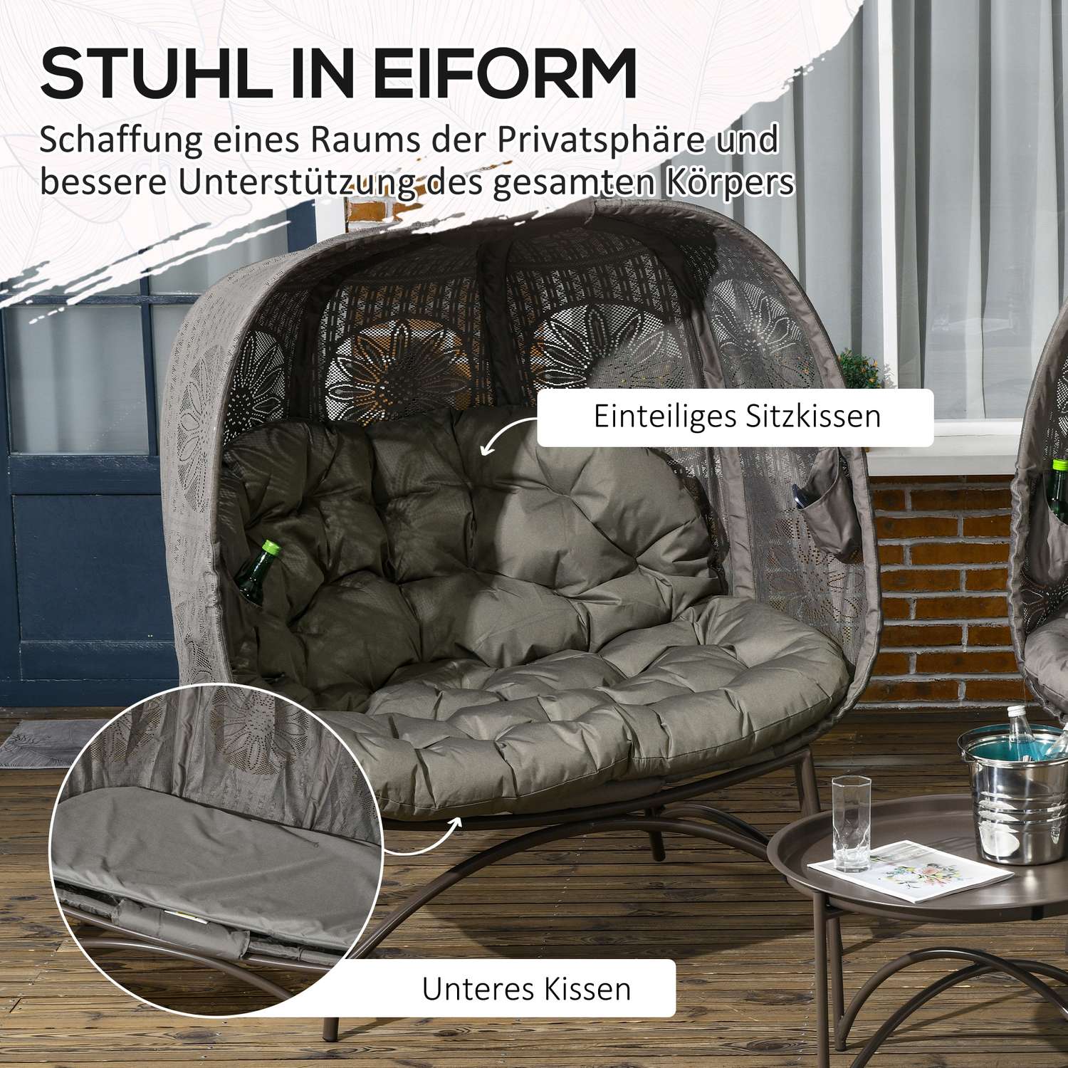 Flätad trädgårdsstolset – 3 st med bord och kuddar