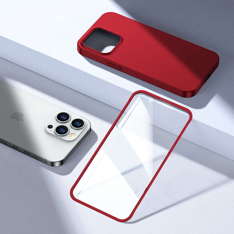 Fodral skal för iPhone 13 Pro Max, bak- och frontskal + härdat glas, rött