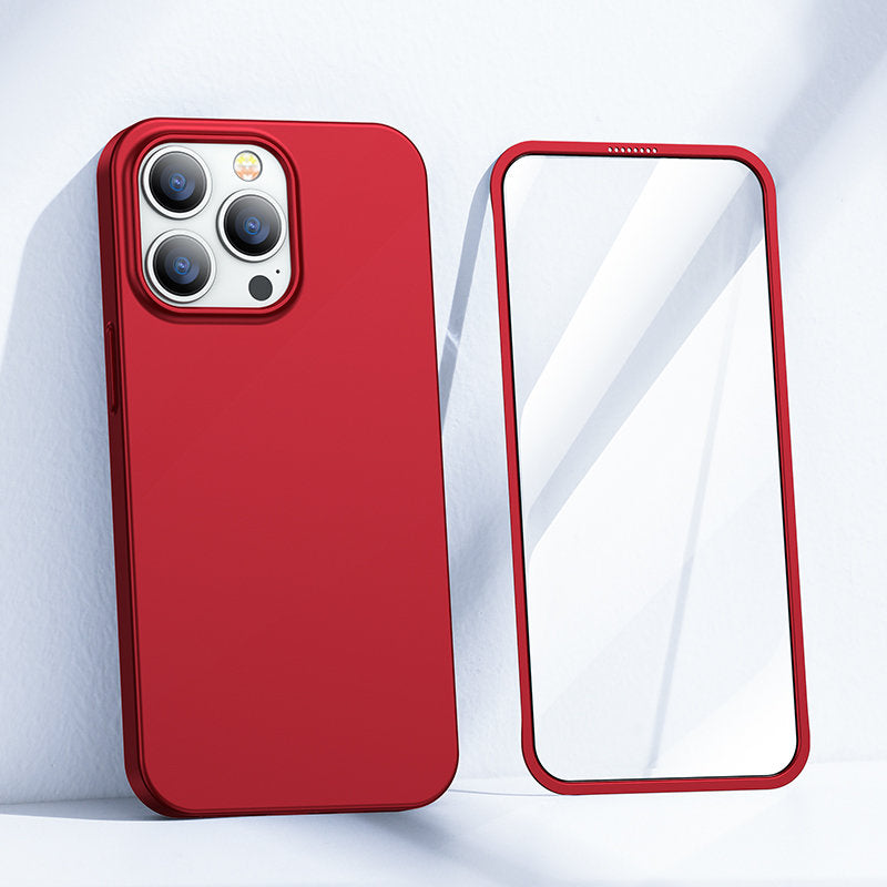 Fodral skal för iPhone 13 Pro Max, bak- och frontskal + härdat glas, rött
