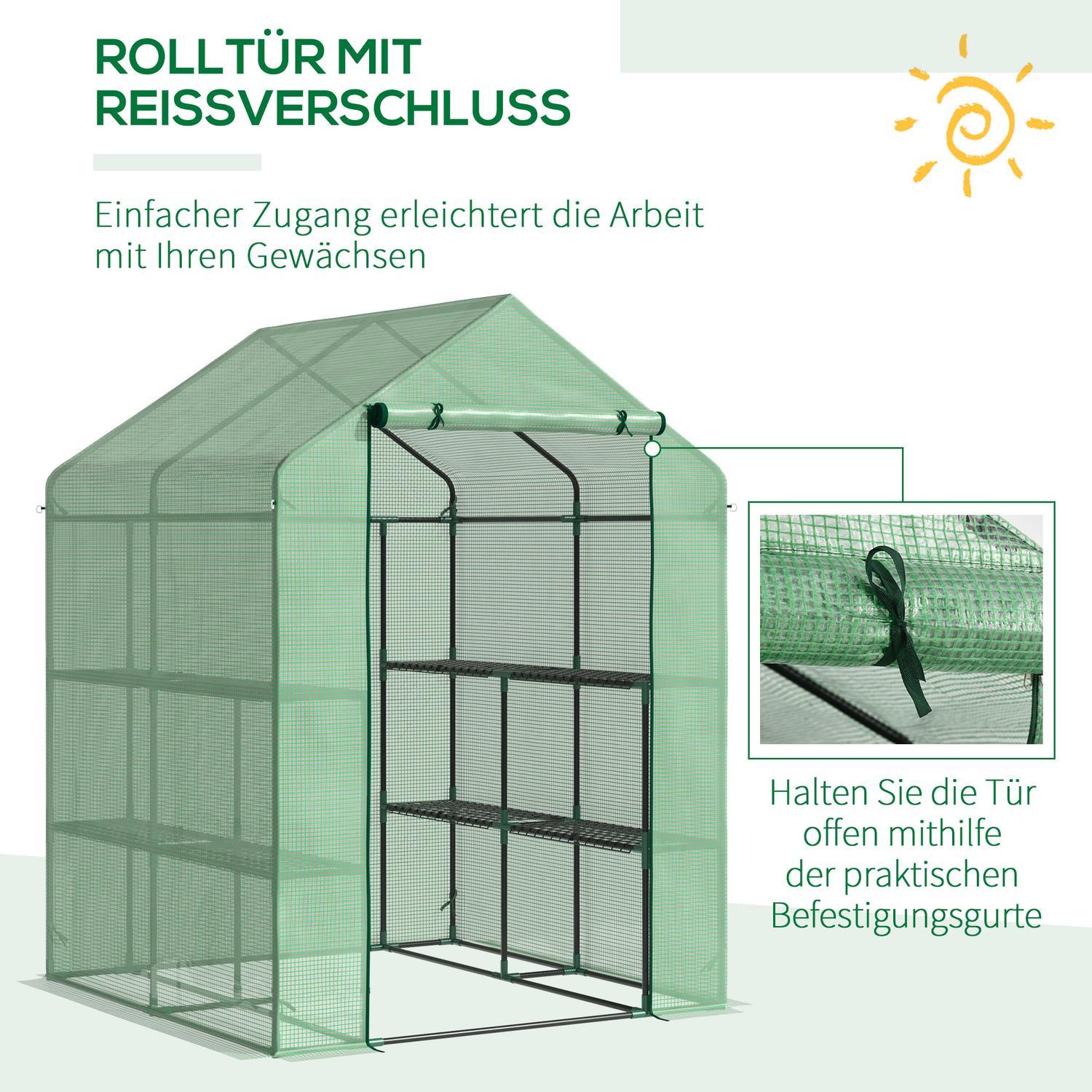 Foil Greenhouse Walk-In Växthus Med 8 Hyllnivåer, Perfekt För Tomater, Stål & Pe-Plast, Grönt, Med Dörr