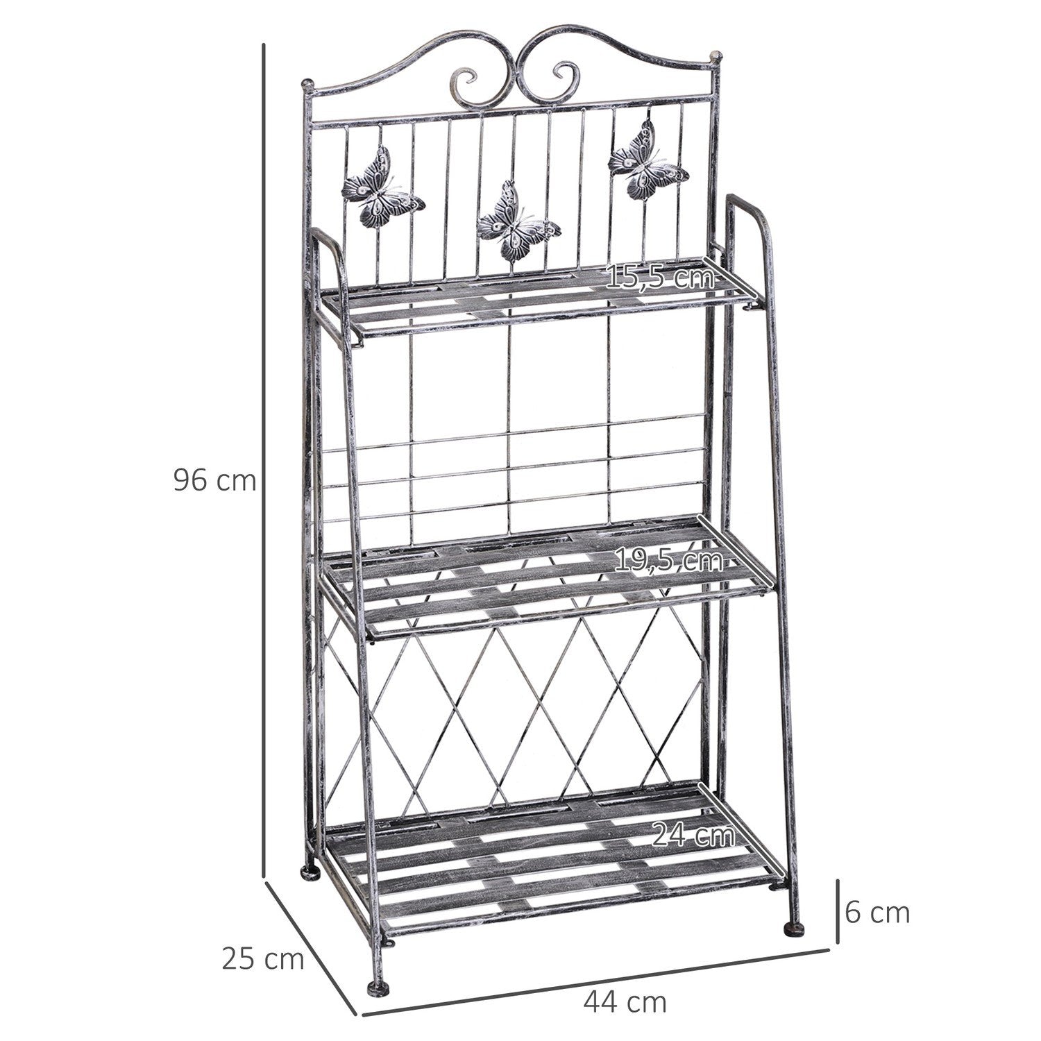 Plant Rack Blomsterställ I Metall Med 3 Nivåer, Blomstrappa För Trädgård, Silvergrå, 44X25X96Cm