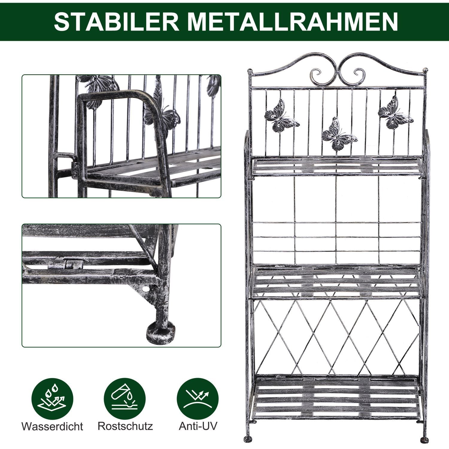 Plant Rack Blomsterställ I Metall Med 3 Nivåer, Blomstrappa För Trädgård, Silvergrå, 44X25X96Cm