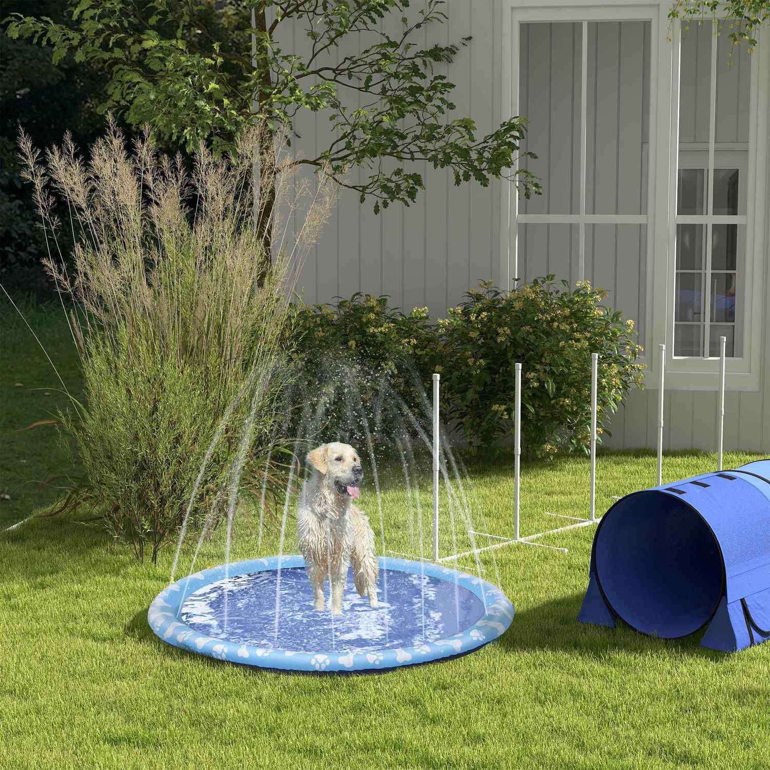 Splash Sprinkler Pad 170Cm Spray Water Feature Mat Hund Vatten Sprinkler Anti-Slip Utomhus Pvc Blå