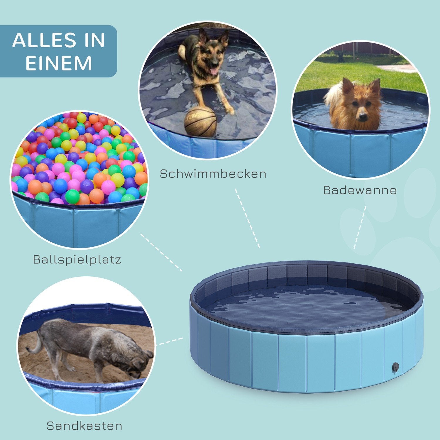 Dog Pool Stor Pool För Hundar, Plaskdamm Av Pvc + Trä, Blå, Diameter 140 X Höjd 30 Cm, Perfekt För Sommaren