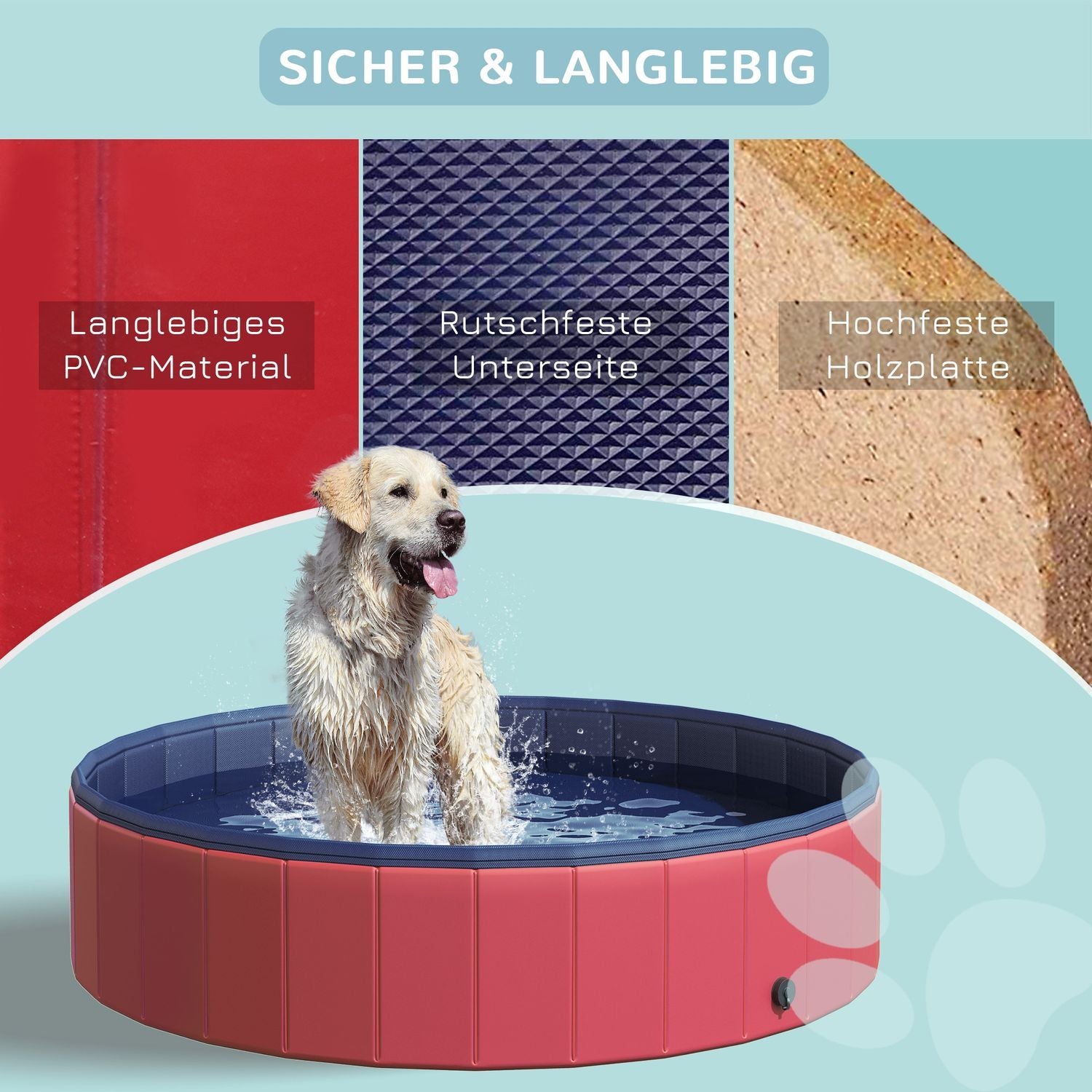 Hundpool Stor Plaskdamm För Hundar, Pool Av Pvc + Trä, Röd, Ø140Xh30 Cm, Sommarnjutning