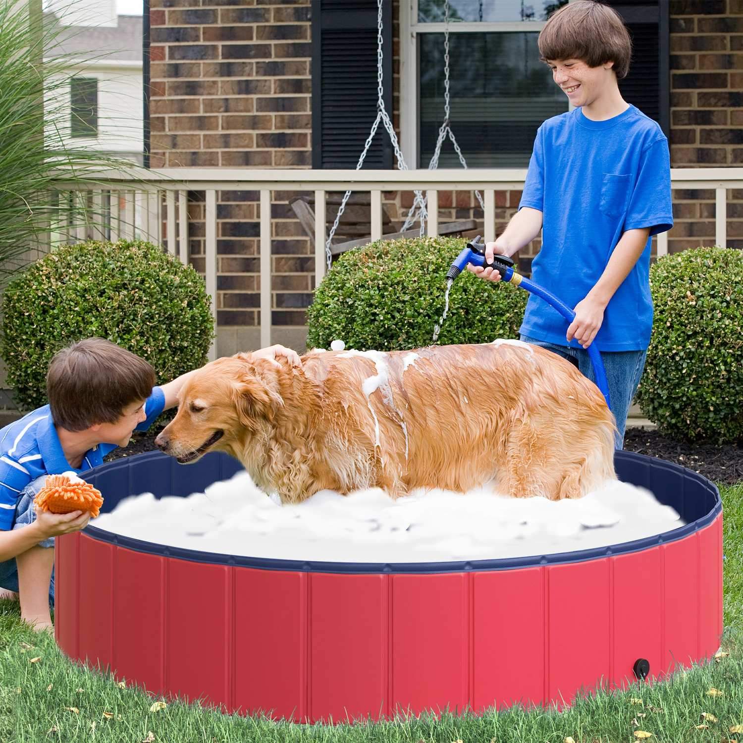 Hundpool Stor Plaskdamm För Hundar, Pool Av Pvc + Trä, Röd, Ø140Xh30 Cm, Sommarnjutning