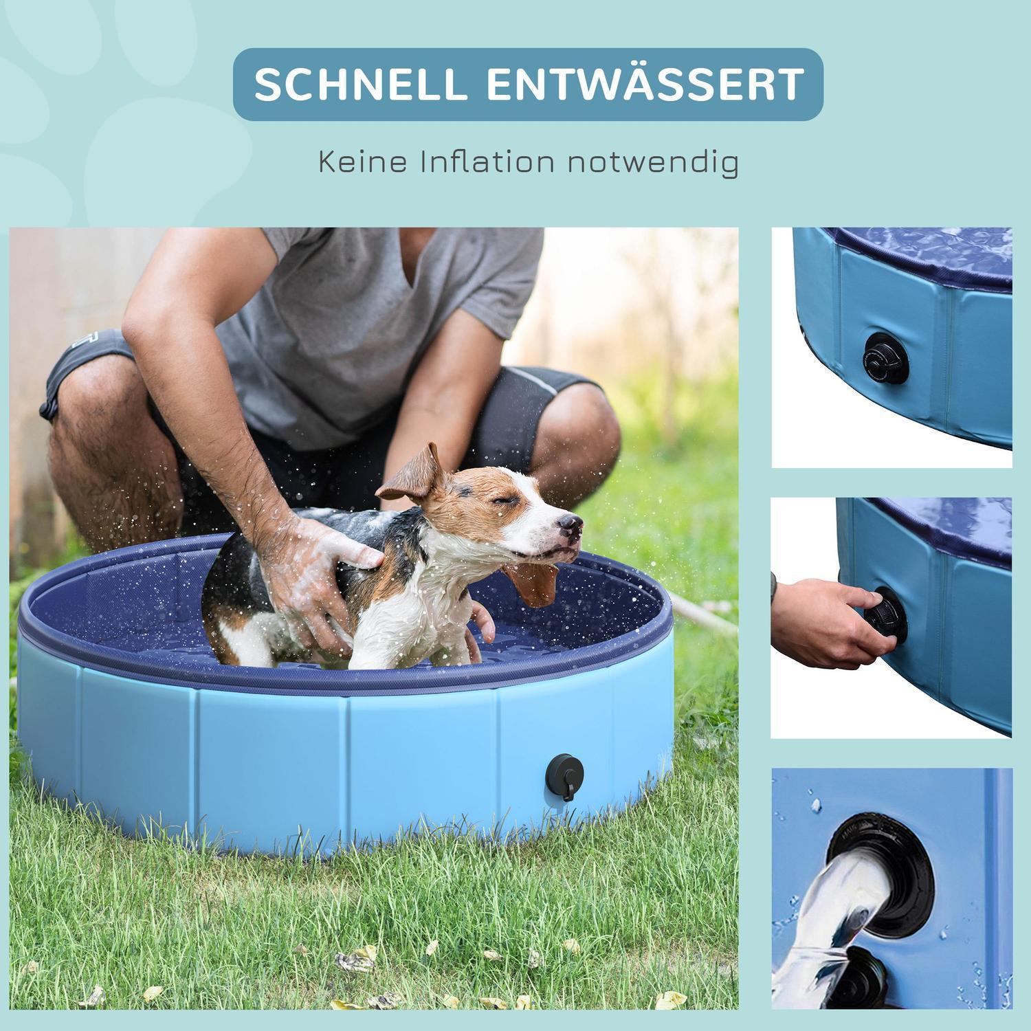 Hundbassäng, Robust Plaskdamm För Hundar, Pool Av Pvc + Trä, Blå, Ø80Xh20 Cm, Sommarnöje