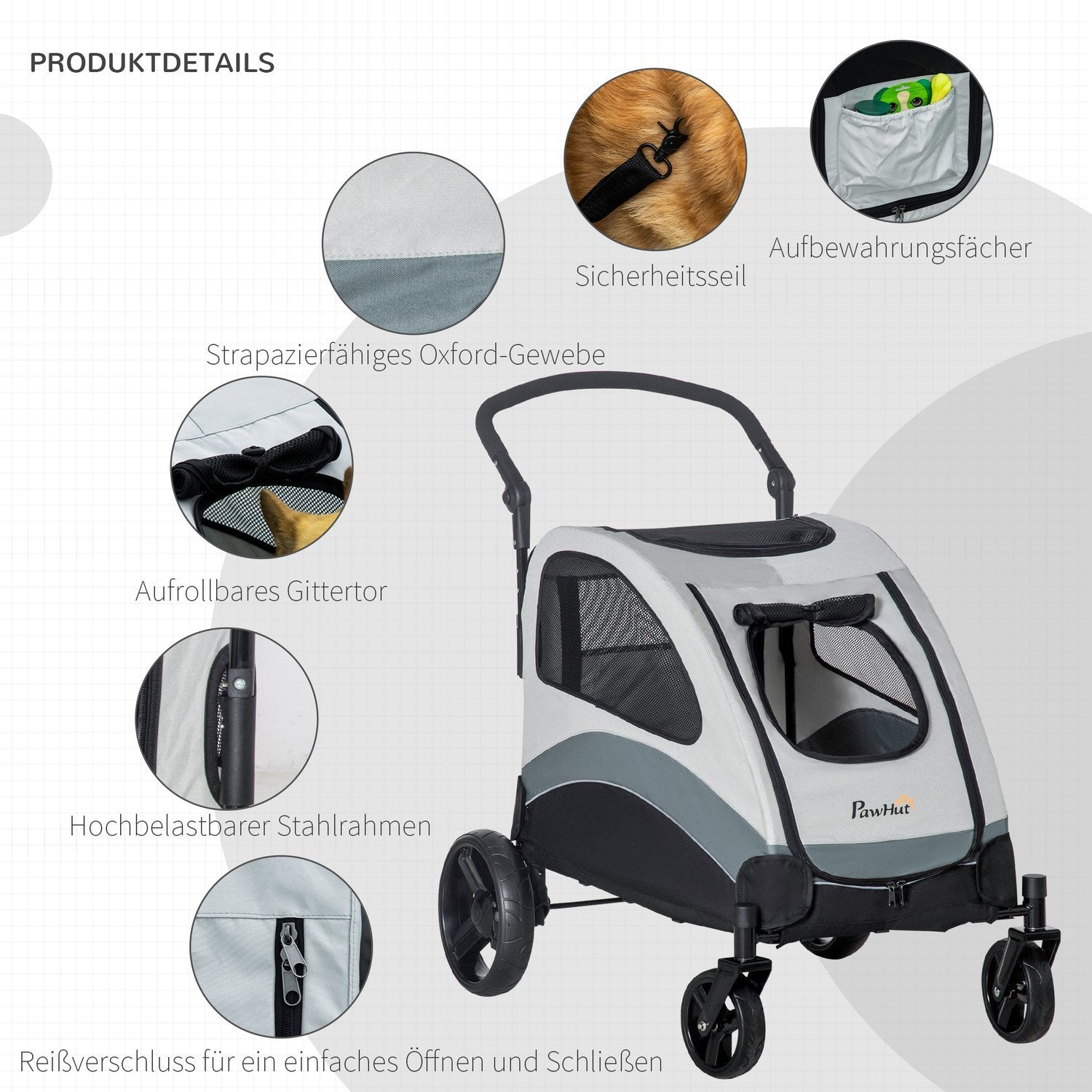 Hundvagn Mångsidig Hundvagn Med 4 Hjul, Nätfönster, Sidoficka, Hopfällbar, För Små/Medelstora Hundar Och Katter, Oxfordtyg, Grå+Svart, 107X67X102Cm