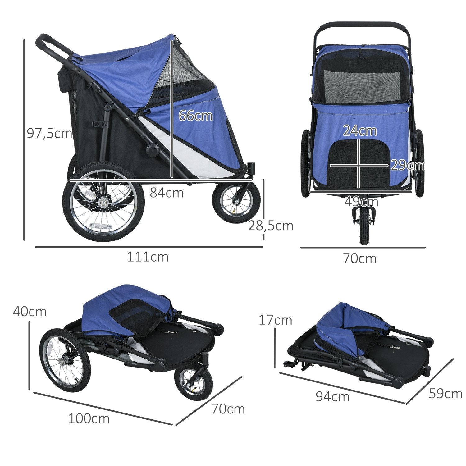 Hundvagn Dog Buggy Mesh Fönster Fällbart Kattvagn Säkerhetskoppel Stora Gummihjul Upp Till 30 Kg Oxford Blue