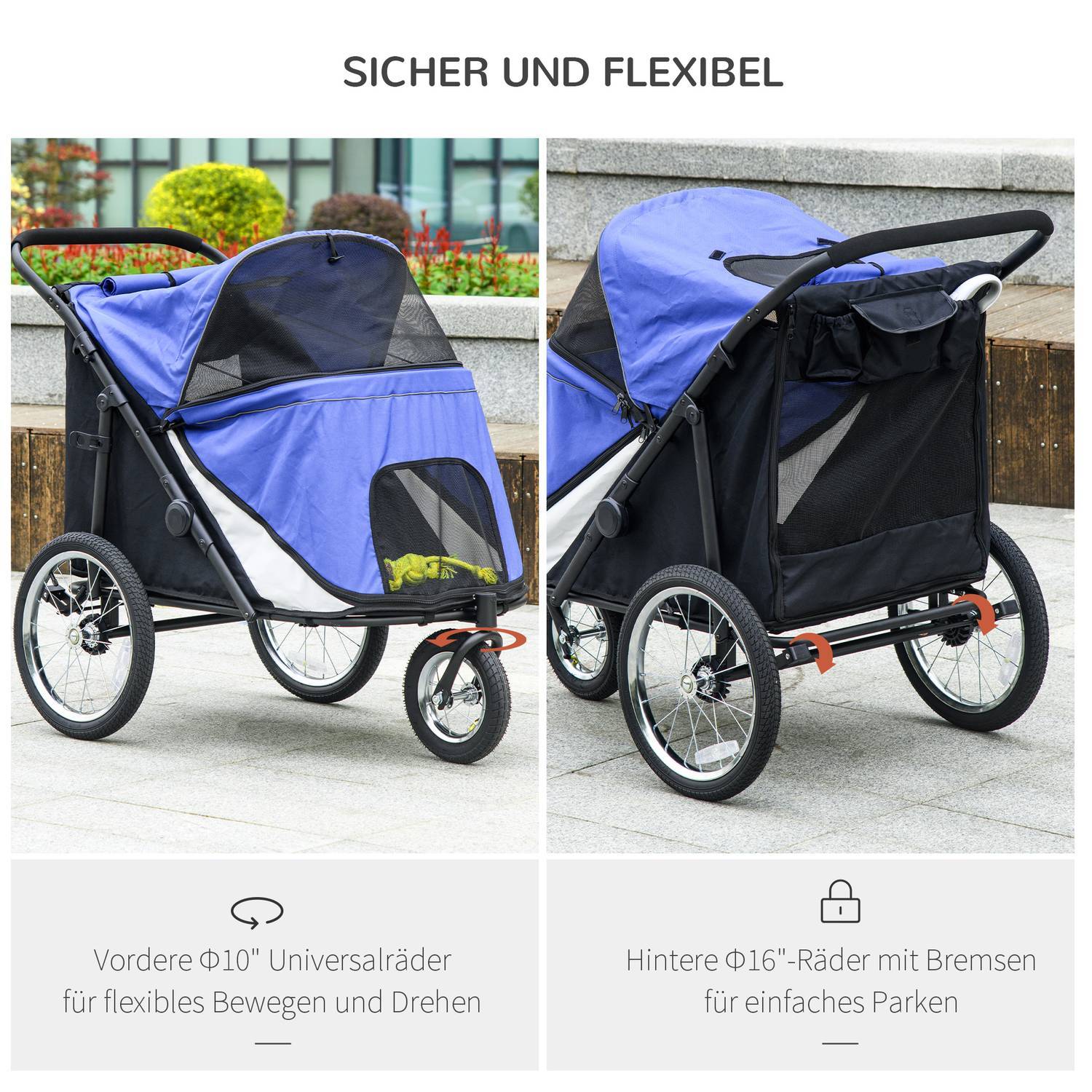 Hundvagn Dog Buggy Mesh Fönster Fällbart Kattvagn Säkerhetskoppel Stora Gummihjul Upp Till 30 Kg Oxford Blue