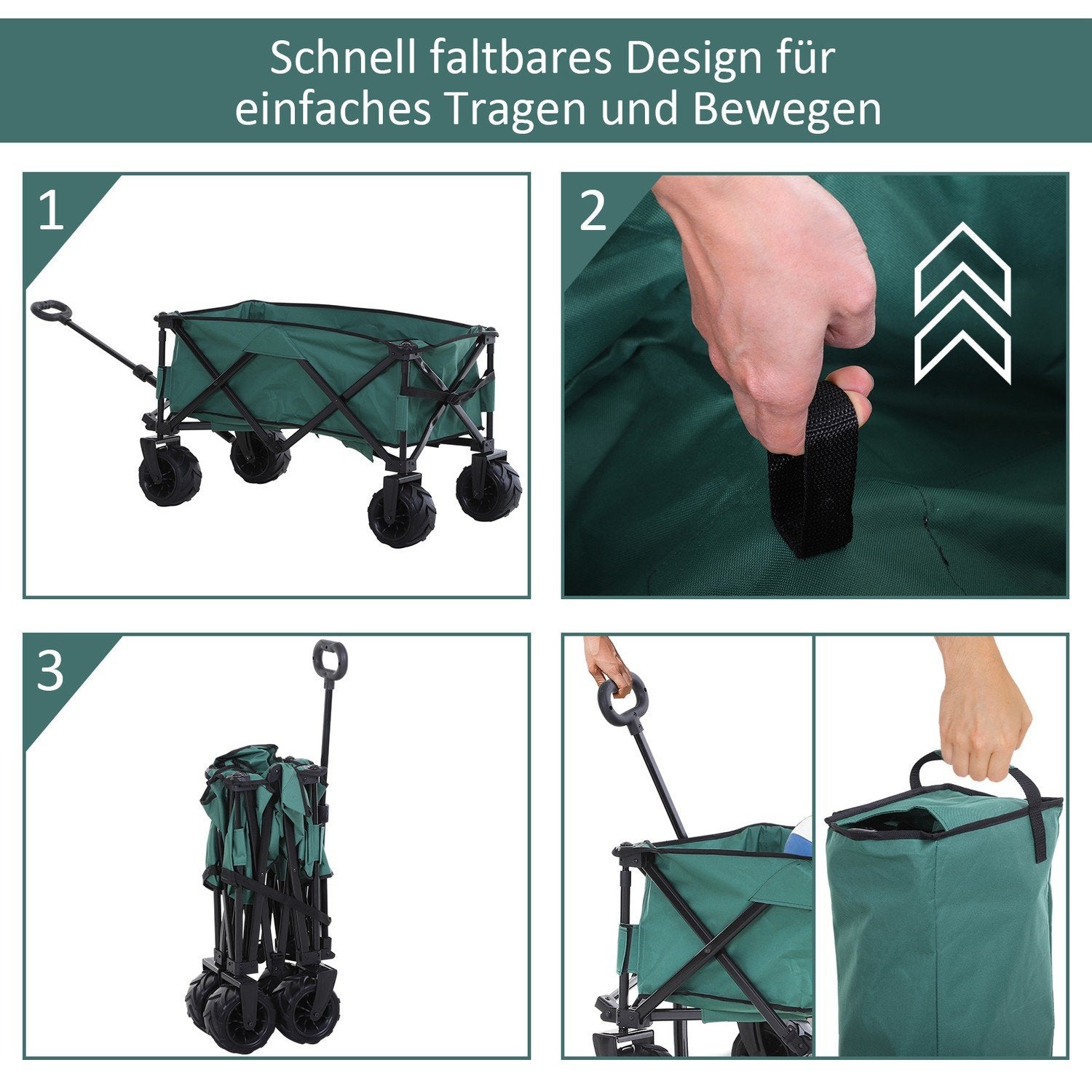 Handkärra Fällbar Handvagn 360° Trädgårdsvagn Teleskophandtag Justerbart Upp Till 20 Kg Metall Oxford Grön 108X55X59-89Cm