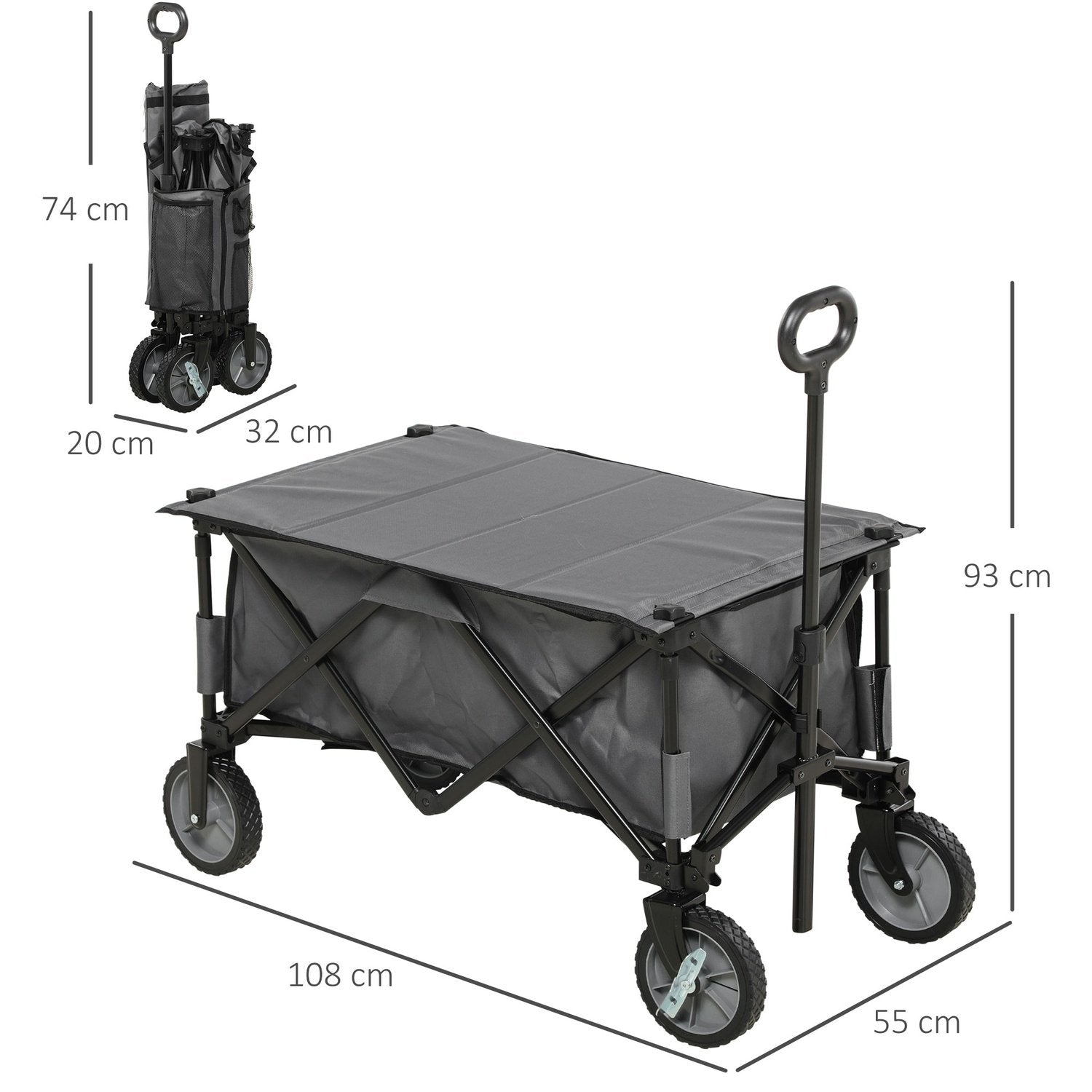 Handkärra, Hopfällbar Transportvagn Med Justerbart Handtag, Trädgårdsvagn Med Sidofickor Och Vikbräda, Lastkapacitet Upp Till 120 Kg, Mörkgrå