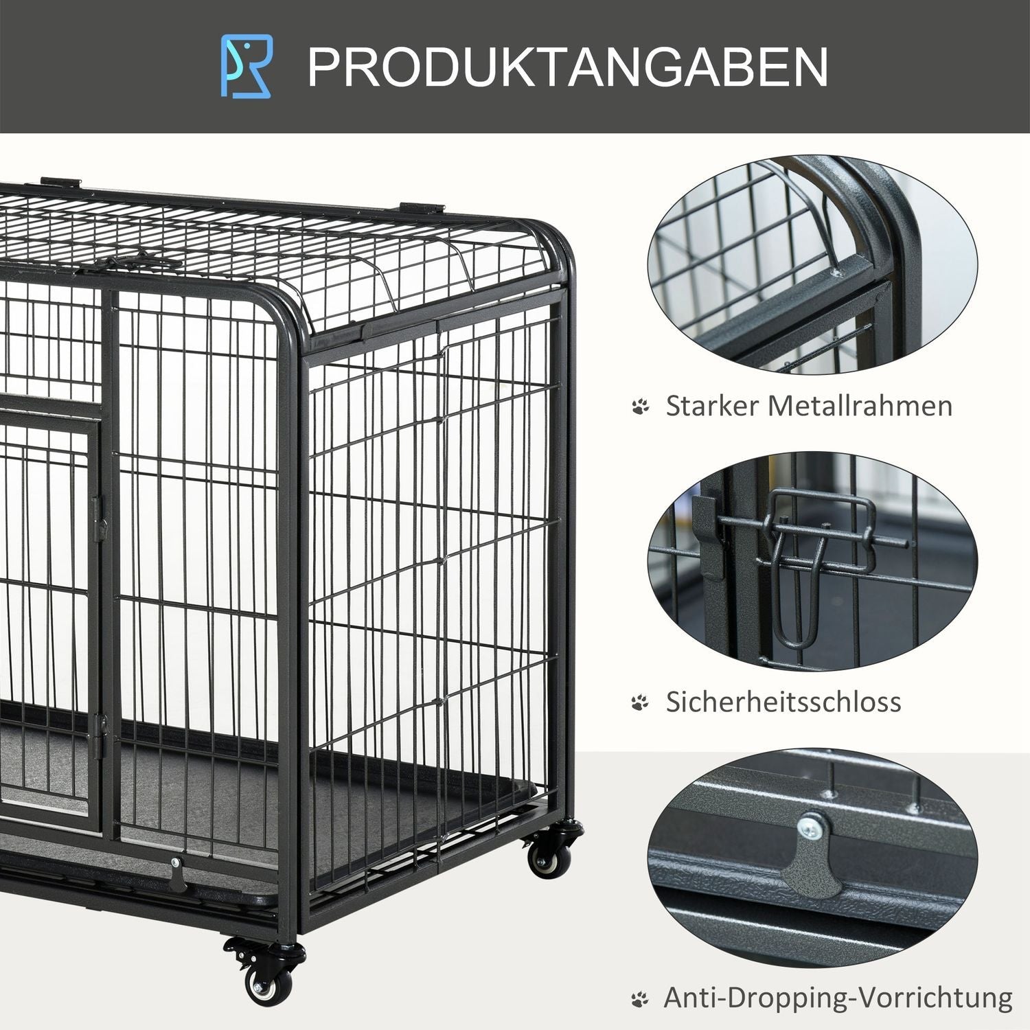 Transportbox Vikbar Transportbur Med Hjul, 2 Låsbara Dörrar, Metall, Grå+Svart, 94X58X69,5 Cm