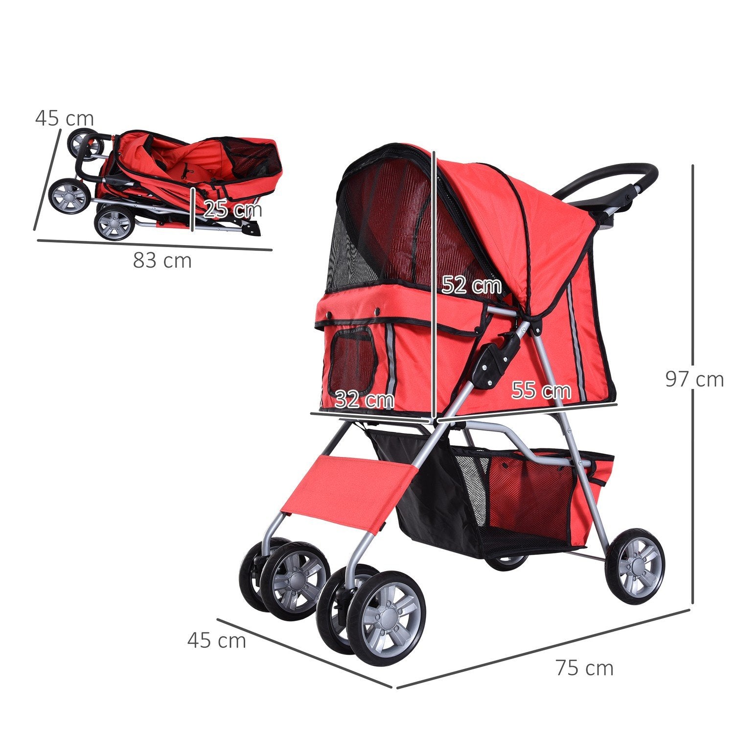 Dog Buggy Dog Cart I Röd, Hundvagn Buggy Stroller Jogger Trailer, Lätt & Hopfällbar