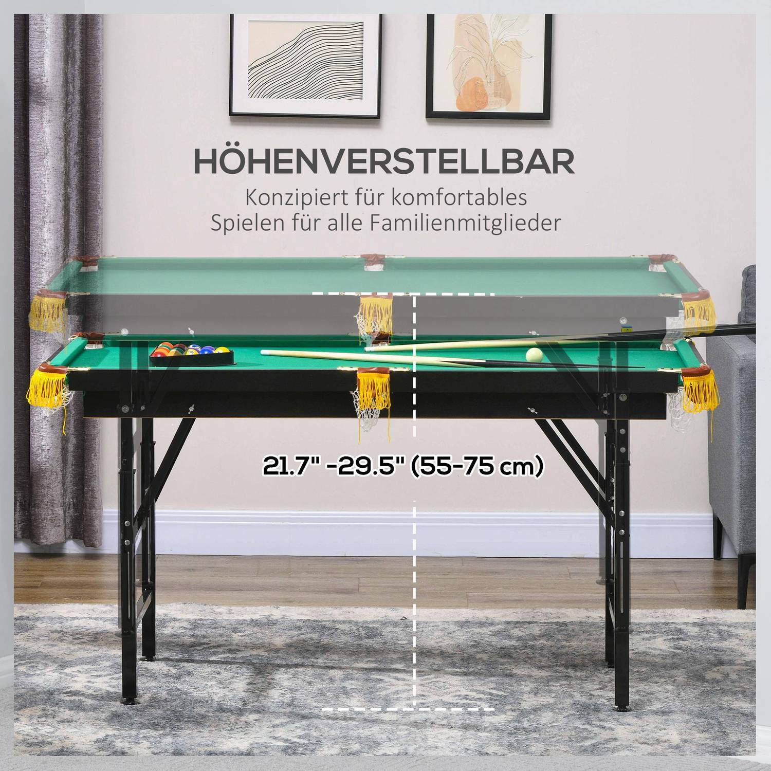 Biljardbord 4,6 Fot Hopfällbart 140 X 60 X 55-75 Cm Bordsbiljard Med Tillbehör, Triangel, 2 Kön, 16 Bollar För Ungdom, Vuxna, Stål, Grön